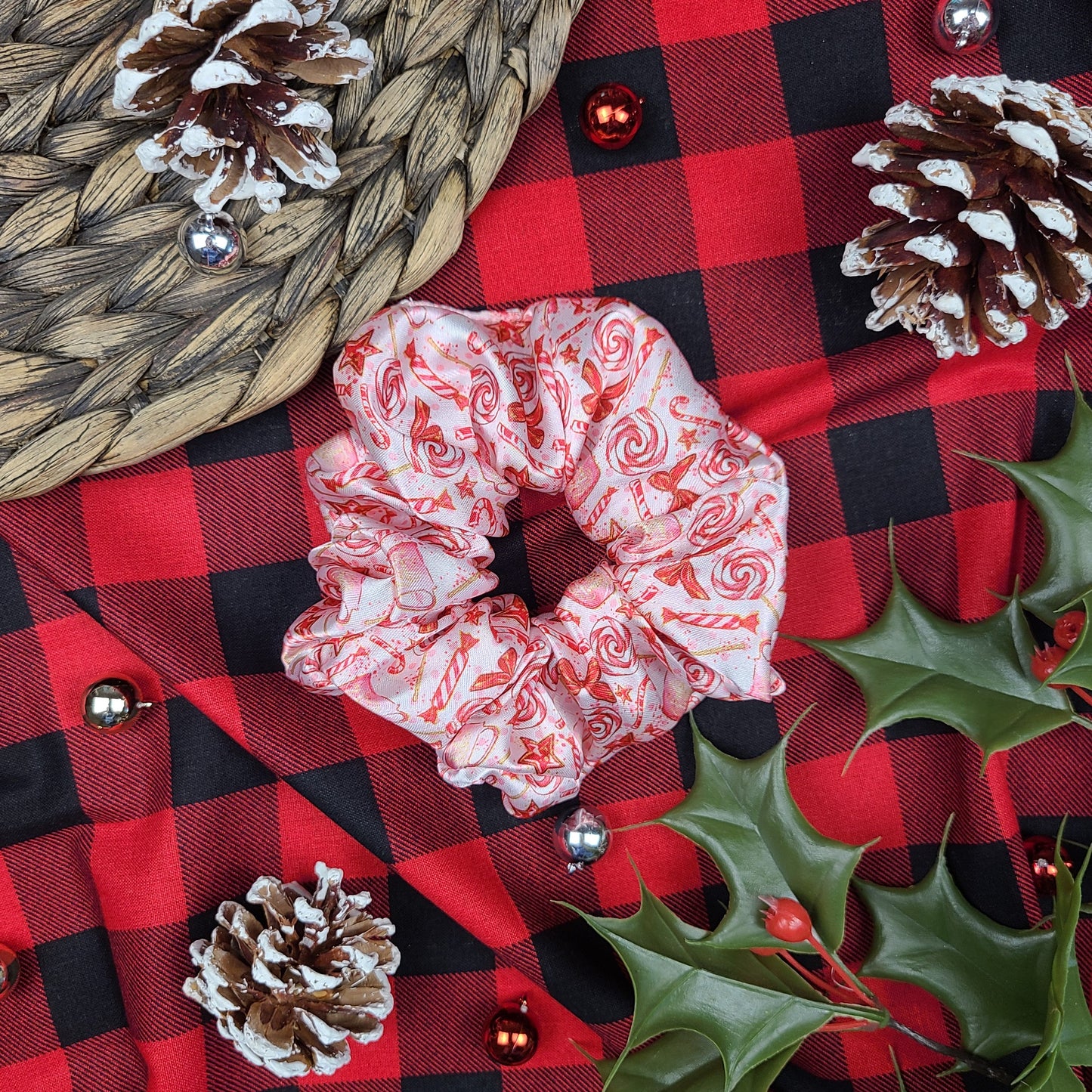 Pink Peppermint Candies Satin Scrunchie
