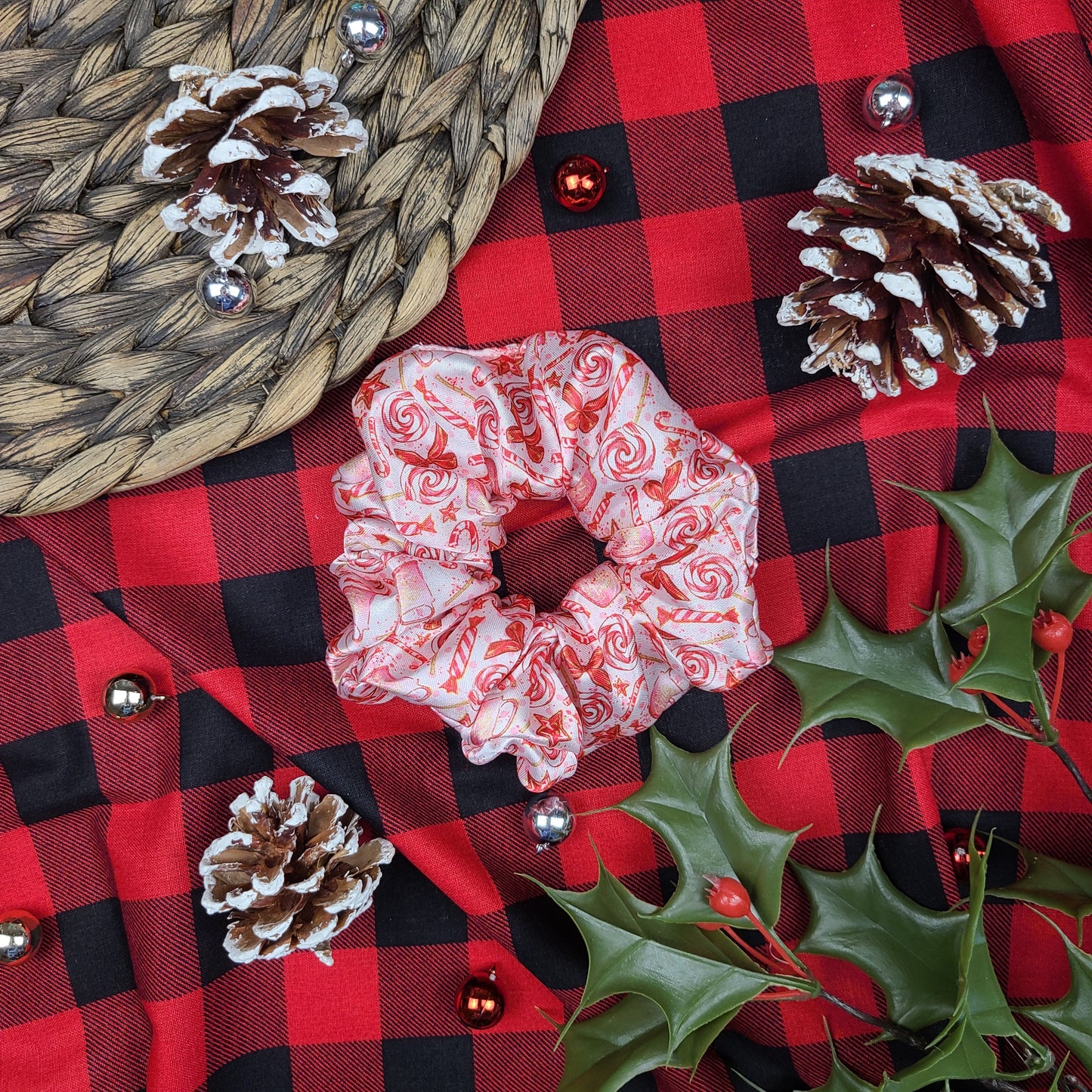 Pink Peppermint Candies Satin Scrunchie