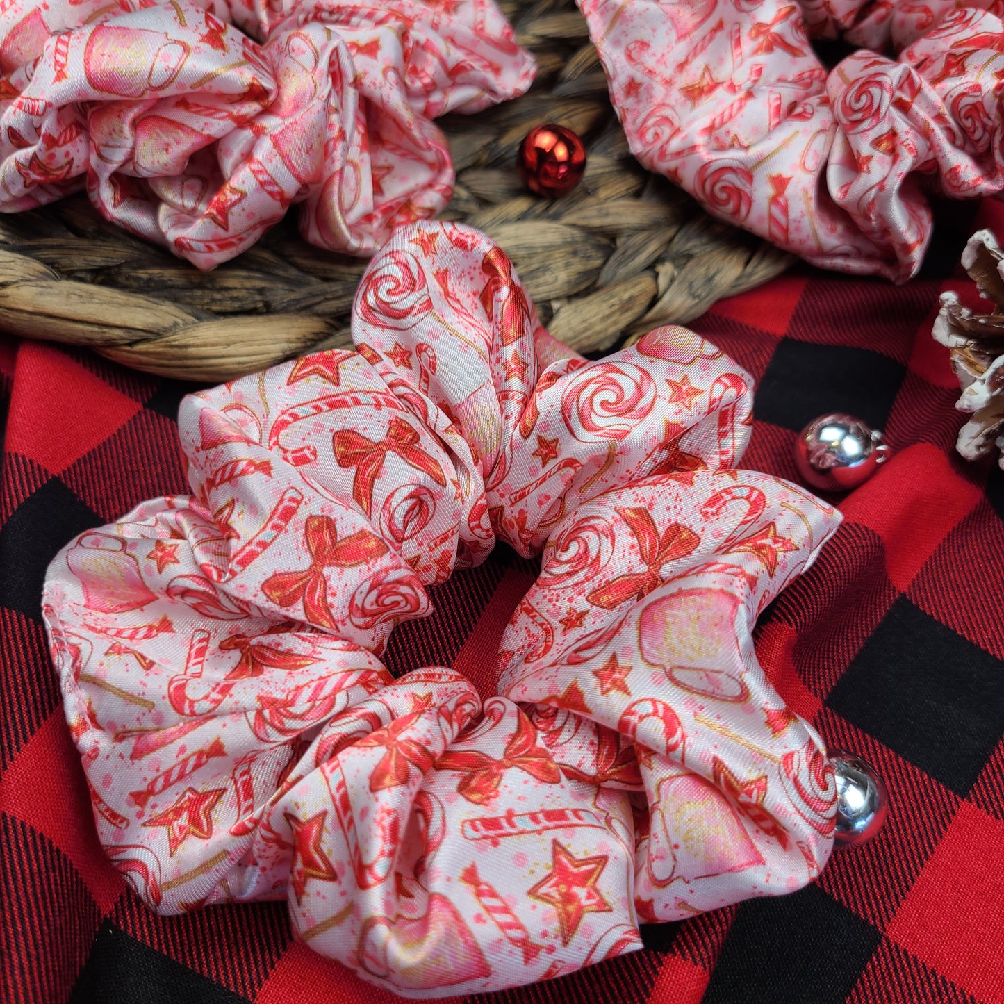 Pink Peppermint Candies Satin Scrunchie