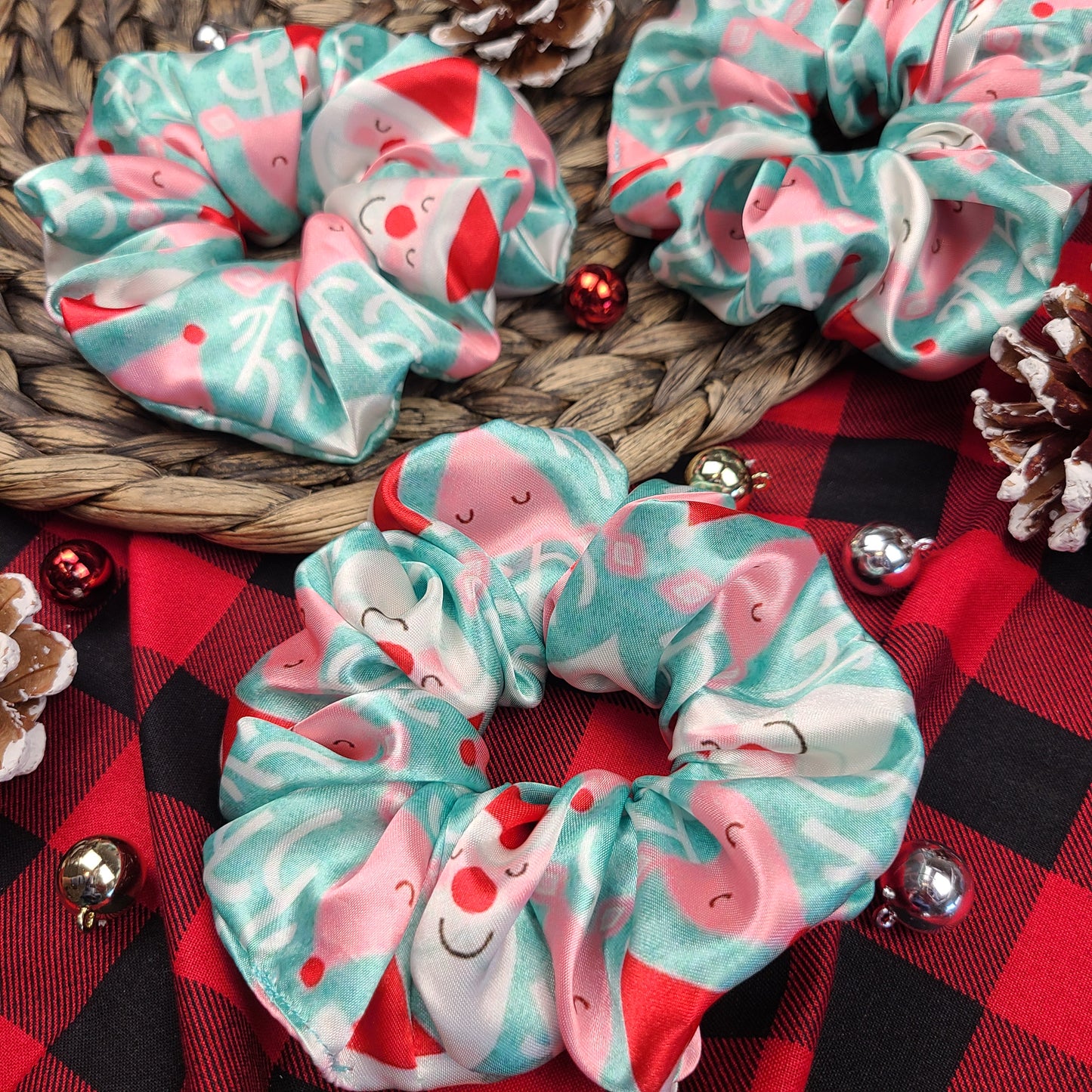 Teal Vintage Santa and Reindeer Satin Scrunchie