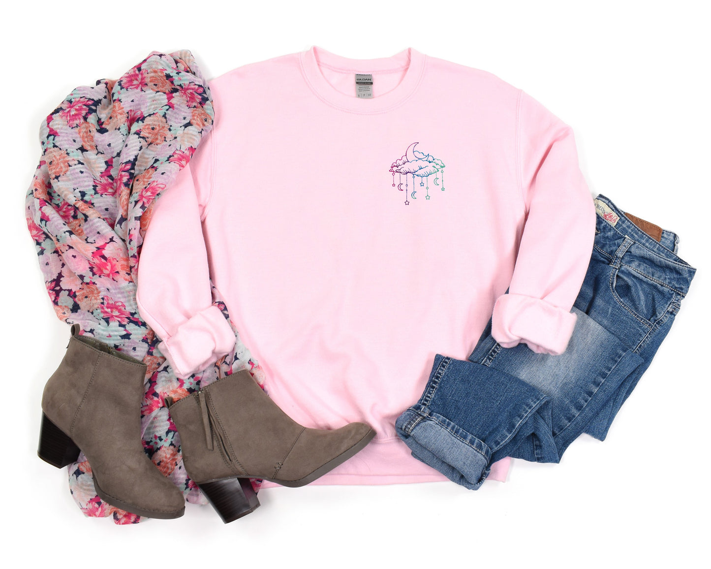 Celestial Clouds Embroidered Unisex Crewneck Sweatshirt