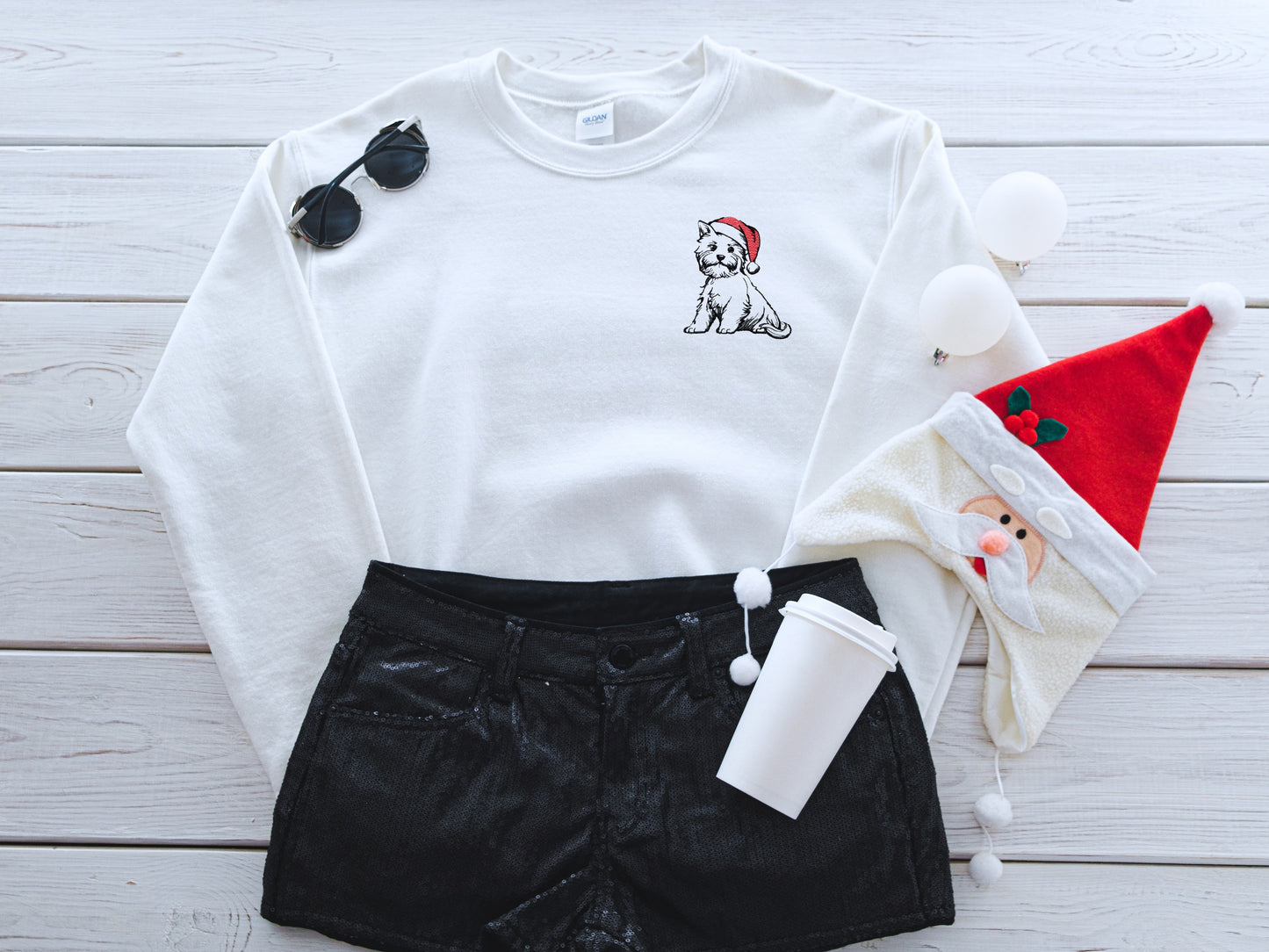 Santa Hat Puppy Embroidered Adult Unisex Crewneck Sweatshirt