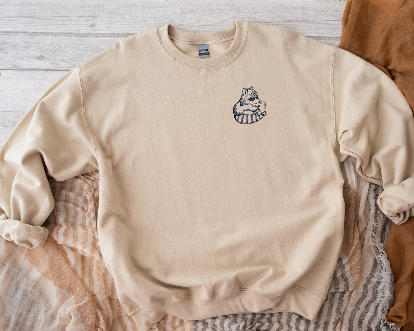 Coffee Raccoon Embroidered Unisex Crewneck Sweatshirt
