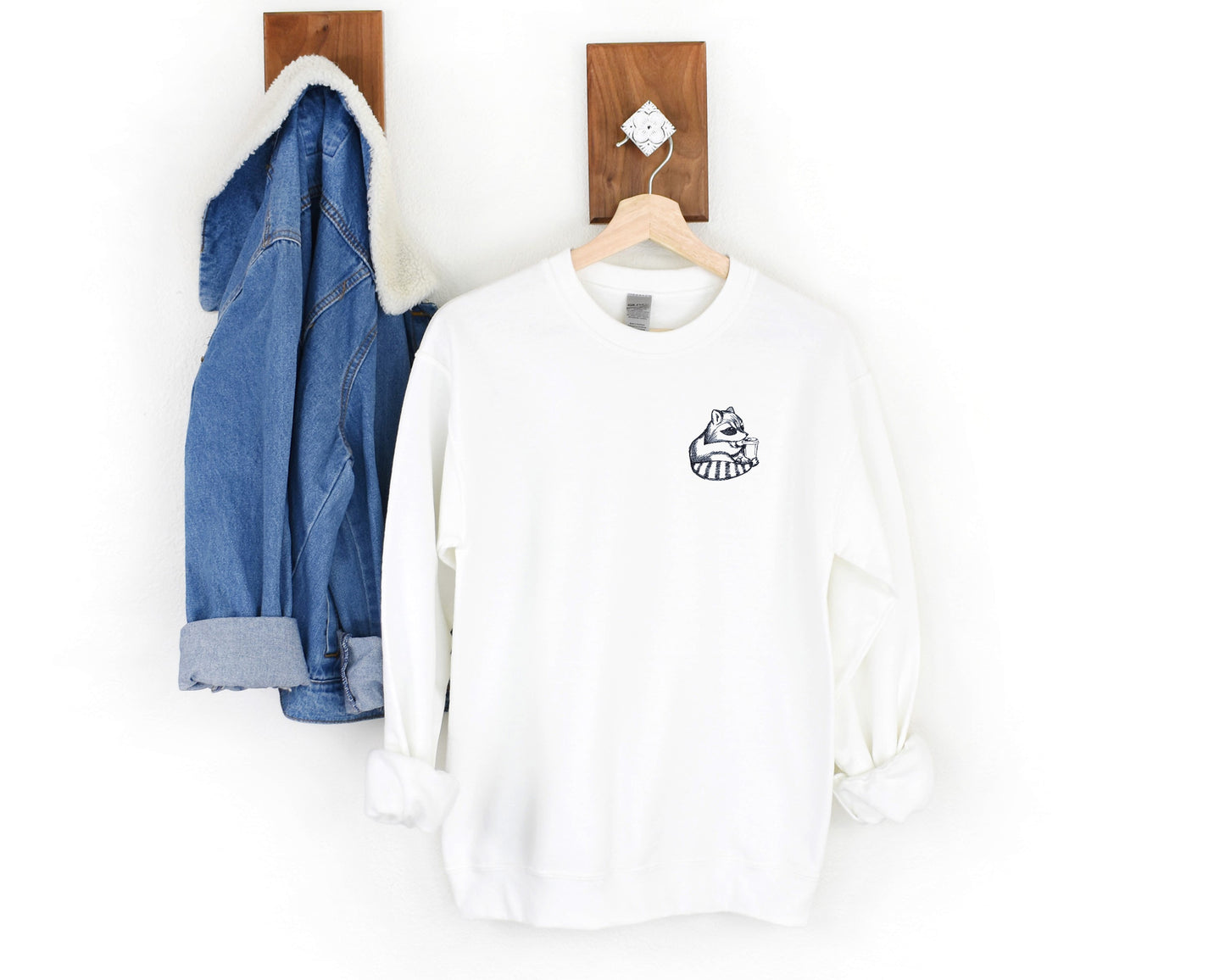 Coffee Raccoon Embroidered Unisex Crewneck Sweatshirt
