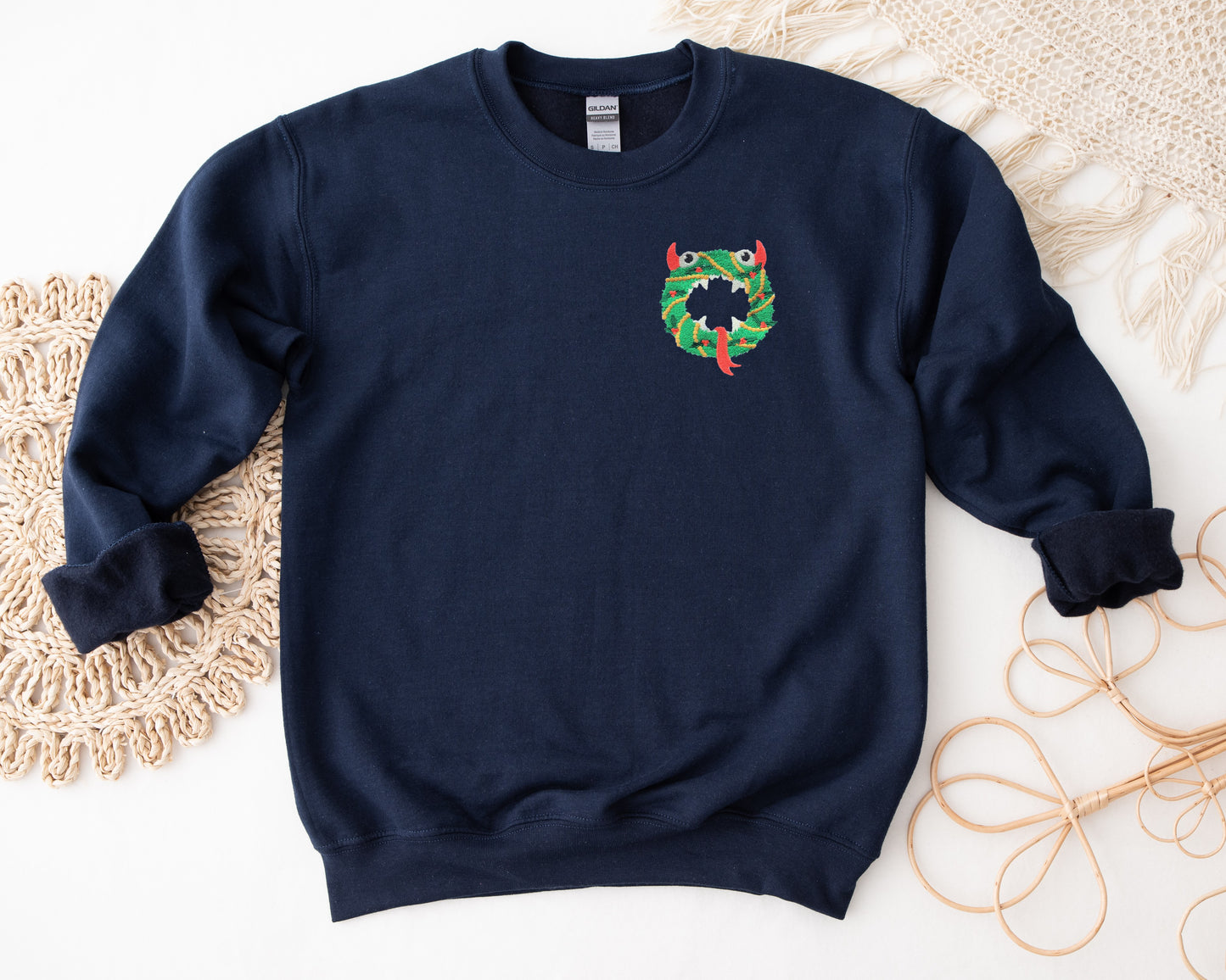 Monster Christmas Wreath Embroidered Adult Unisex Crewneck Sweatshirt