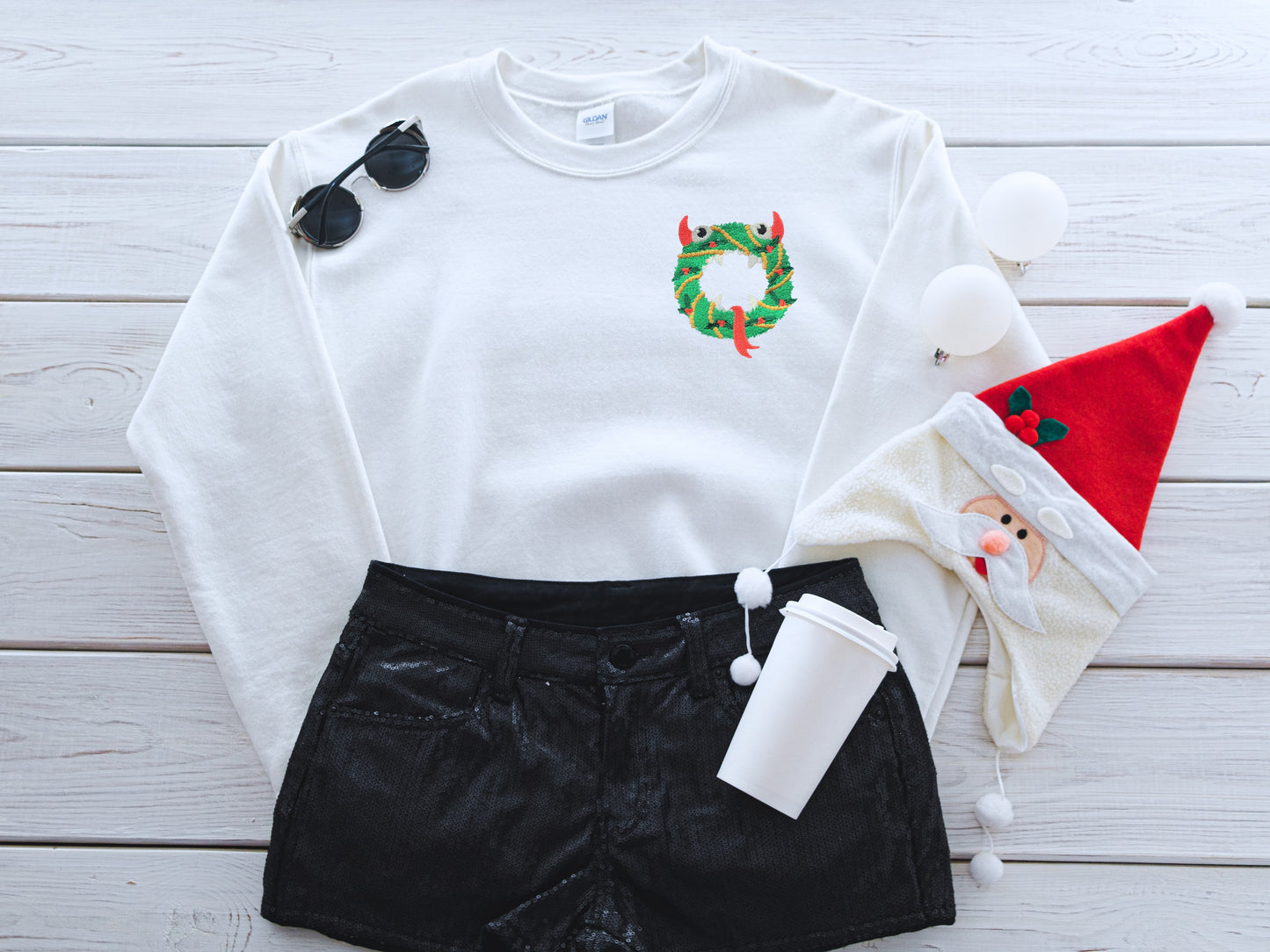 Monster Christmas Wreath Embroidered Adult Unisex Crewneck Sweatshirt