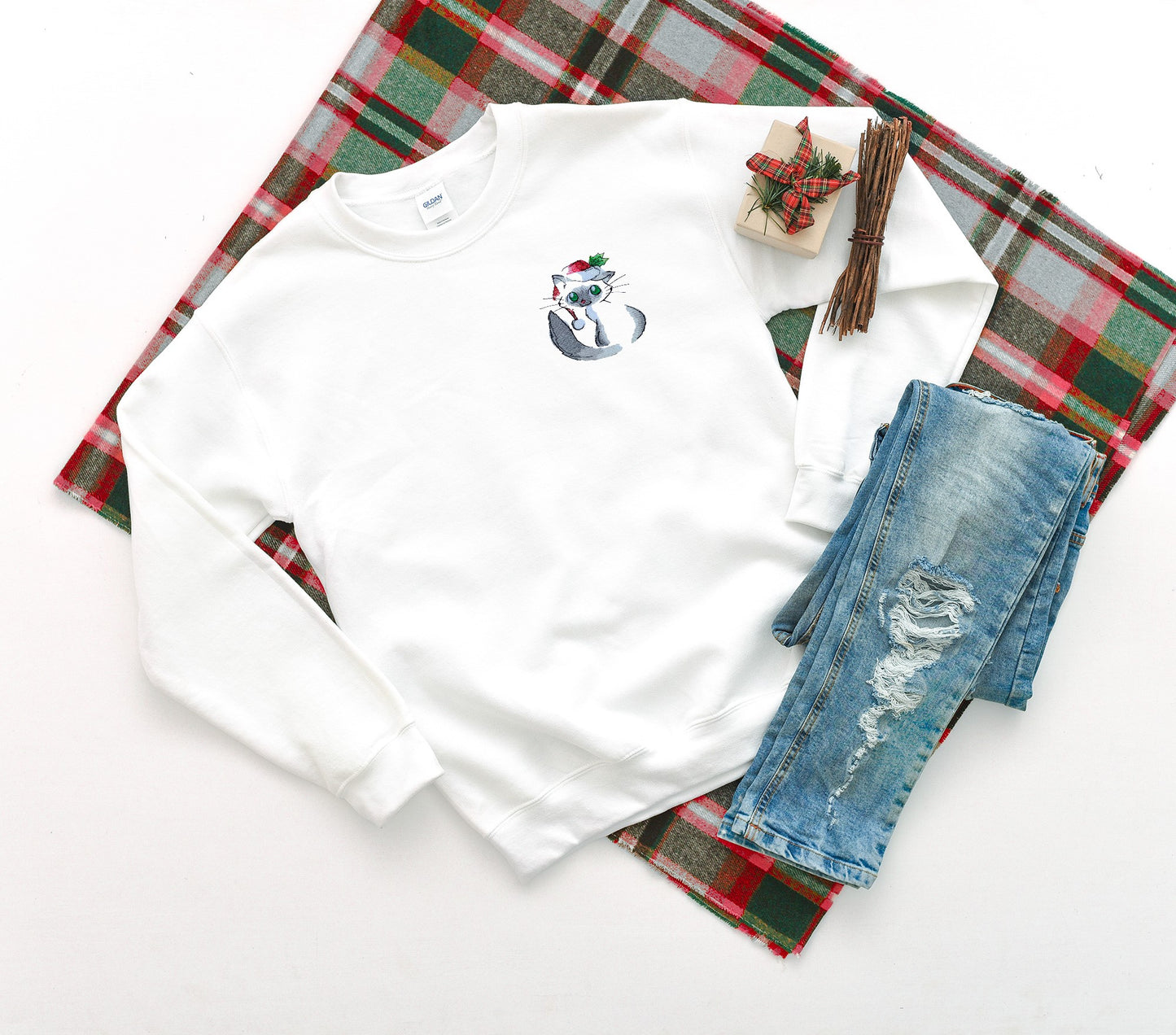 Santa Hat Cat Embroidered Adult Unisex Crewneck Sweater