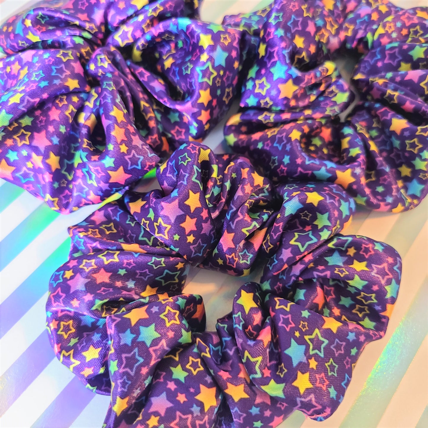 Rainbow Stars Purple Satin Scrunchie