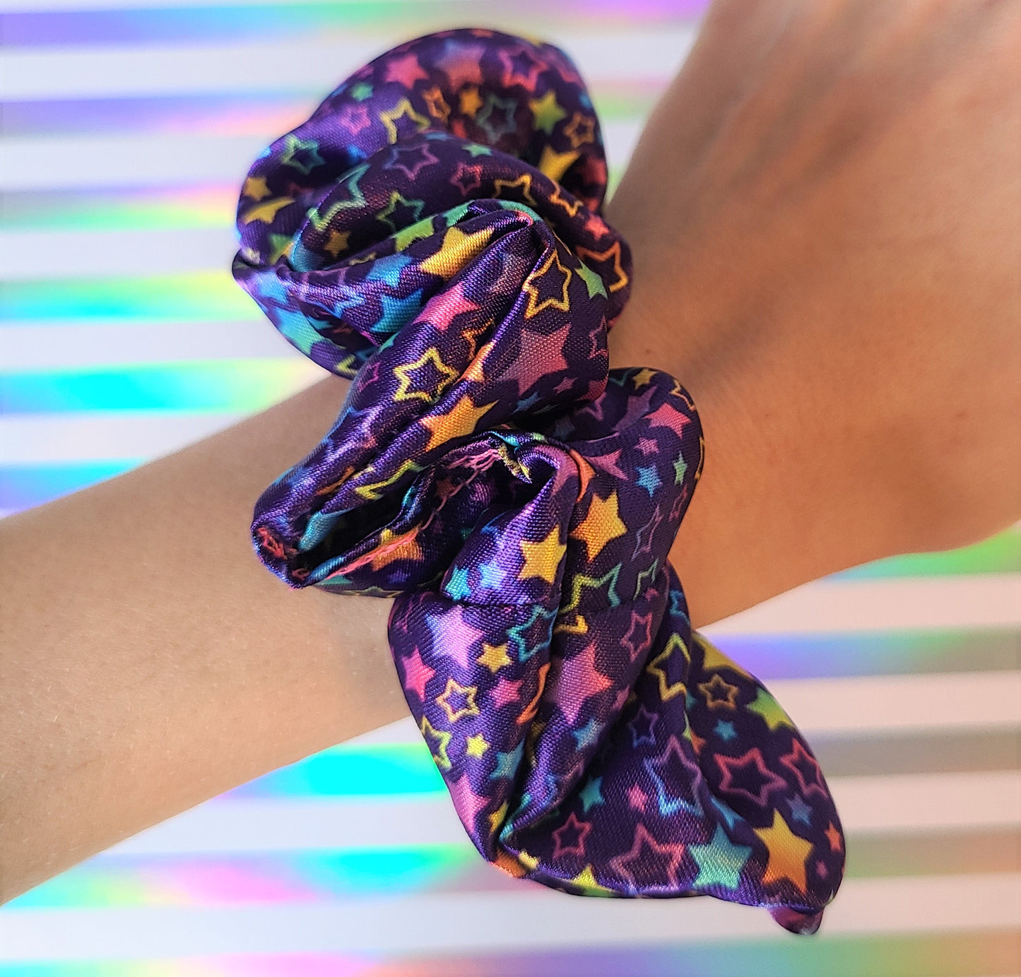Rainbow Stars Purple Satin Scrunchie