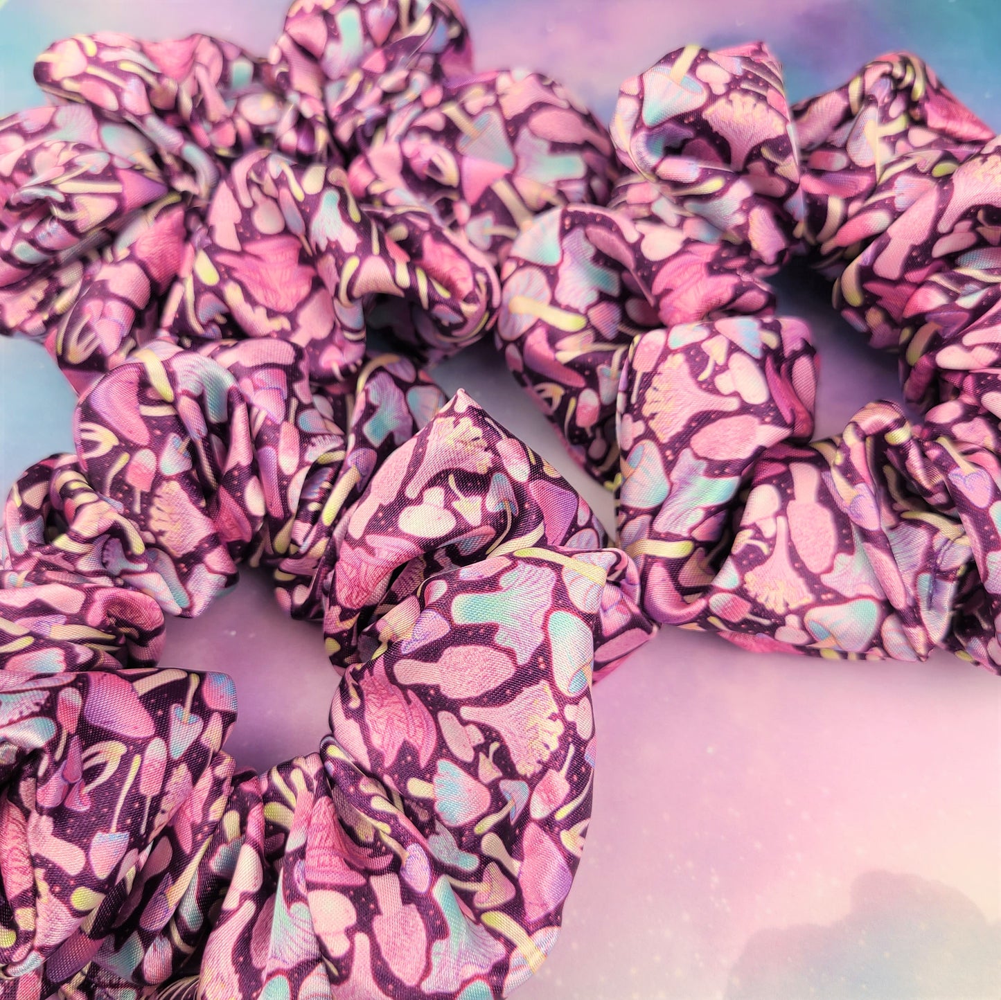Purple Mushrooms Satin Scrunchie