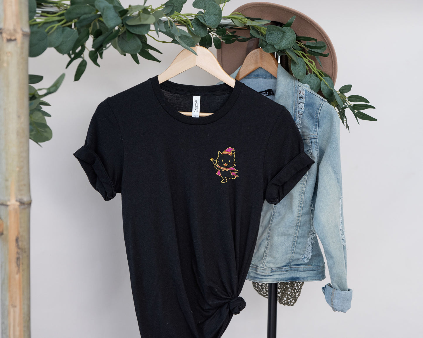 Black Magic Cat Black Embroidered Tee