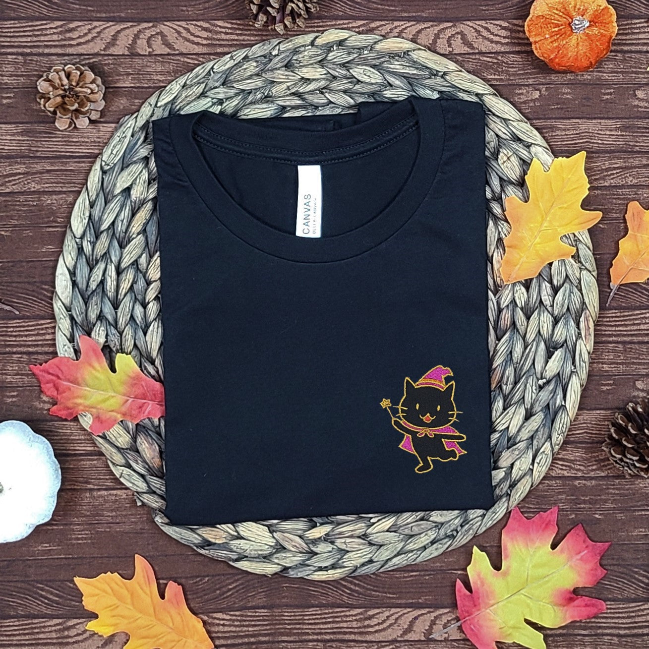 Black Magic Cat Black Embroidered Tee