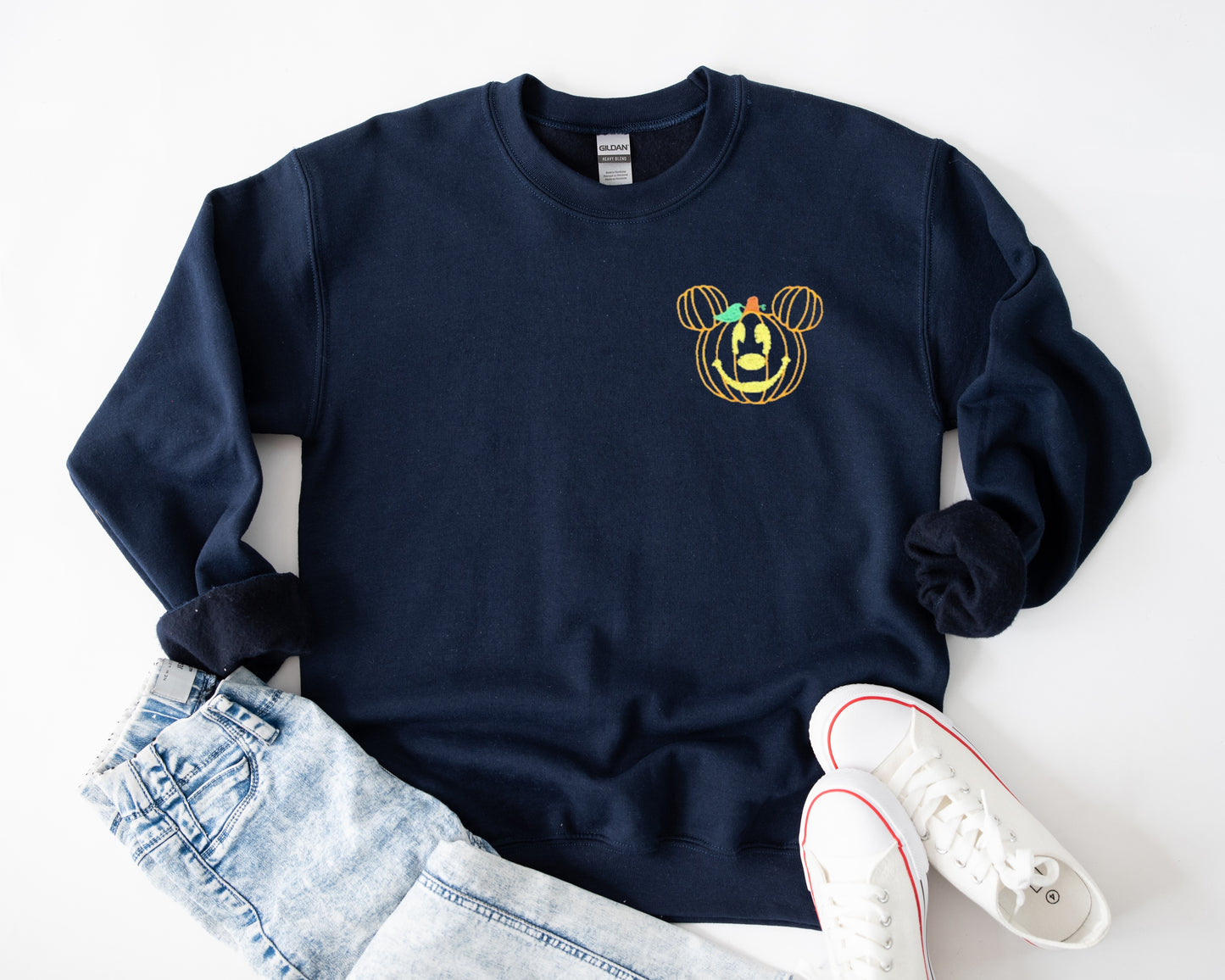 Pumpkin Mickey Decor Embroidered Unisex Crewneck Sweatshirt