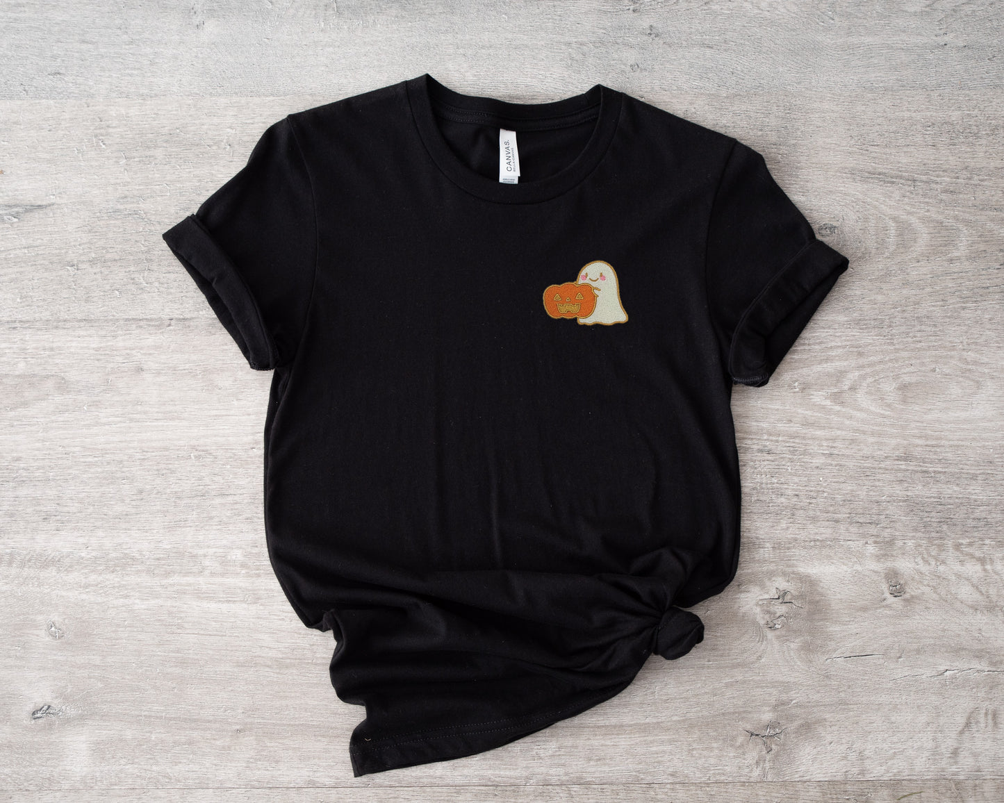 Cute Pumpkin Ghost Black Embroidered Tee
