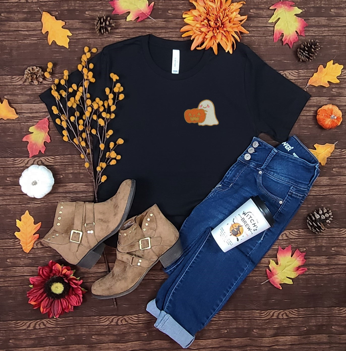 Cute Pumpkin Ghost Black Embroidered Tee