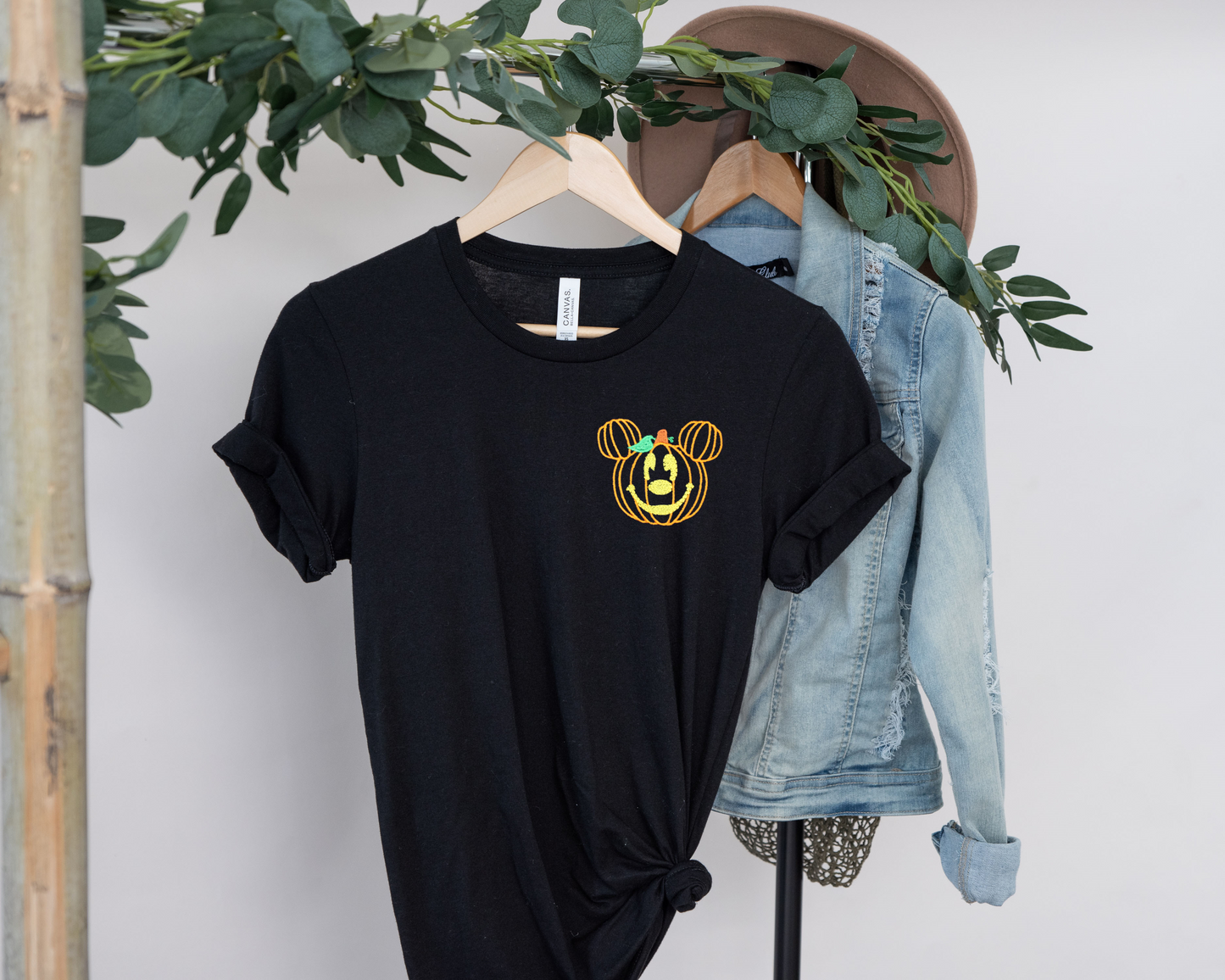 Pumpkin Mickey Decor Black Embroidered Tee