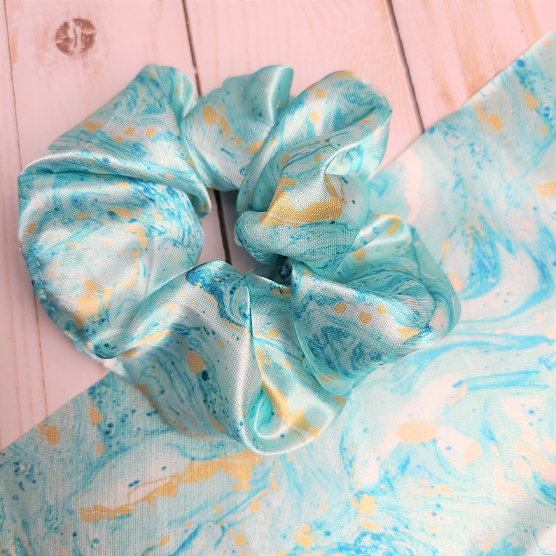 Teal Marble Satin Scrunchie