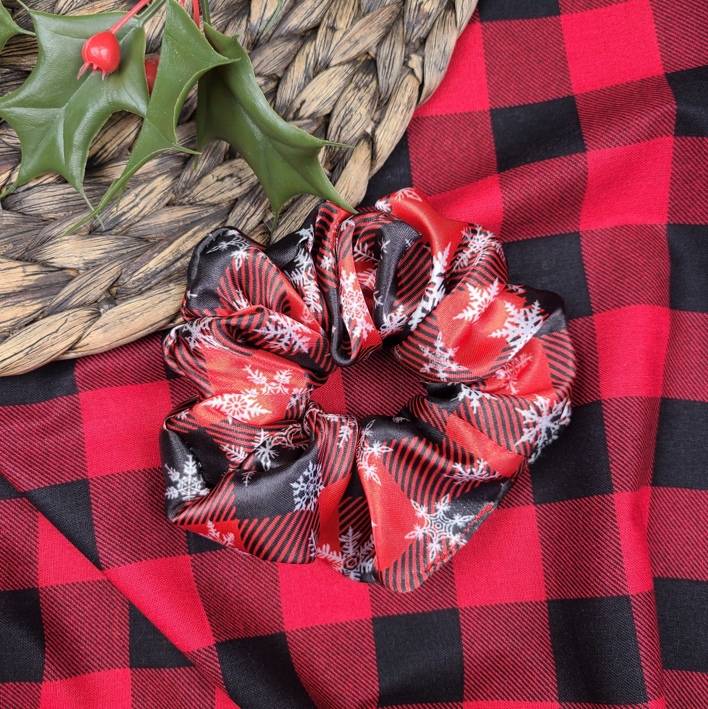 Snowflake Buffalo Plaid Satin Scrunchie