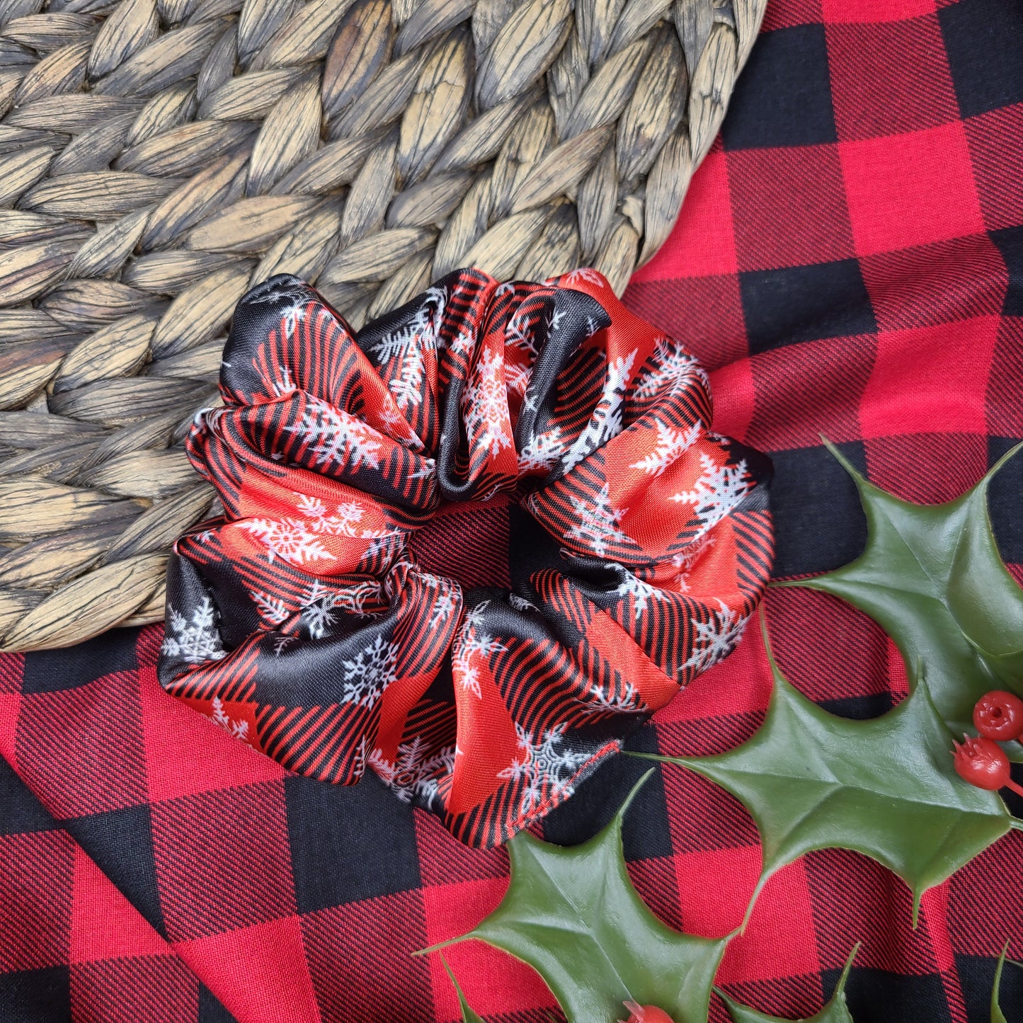 Snowflake Buffalo Plaid Satin Scrunchie