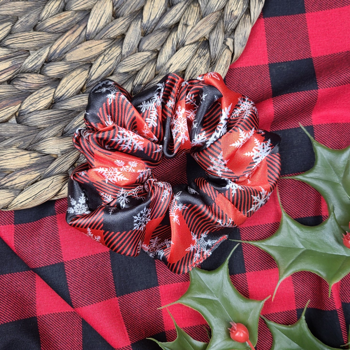 Snowflake Buffalo Plaid Satin Scrunchie