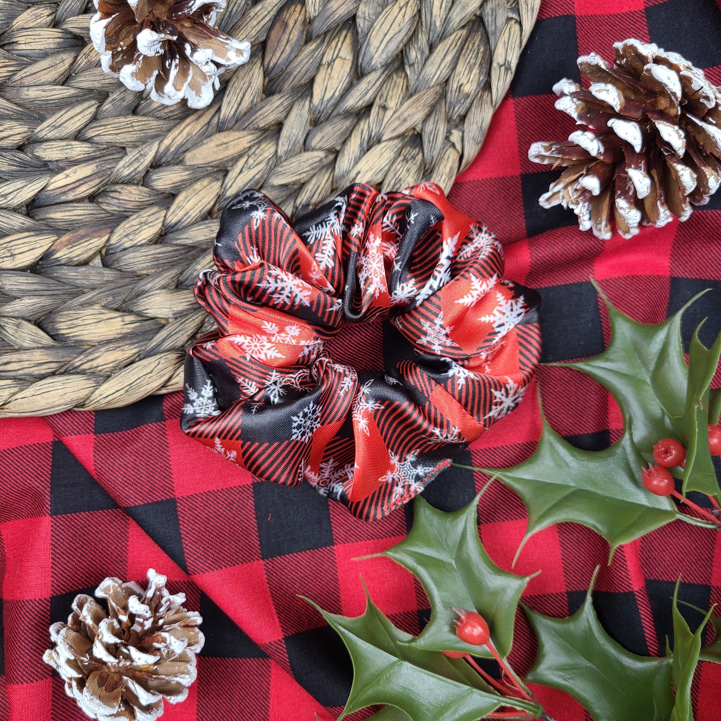 Snowflake Buffalo Plaid Satin Scrunchie