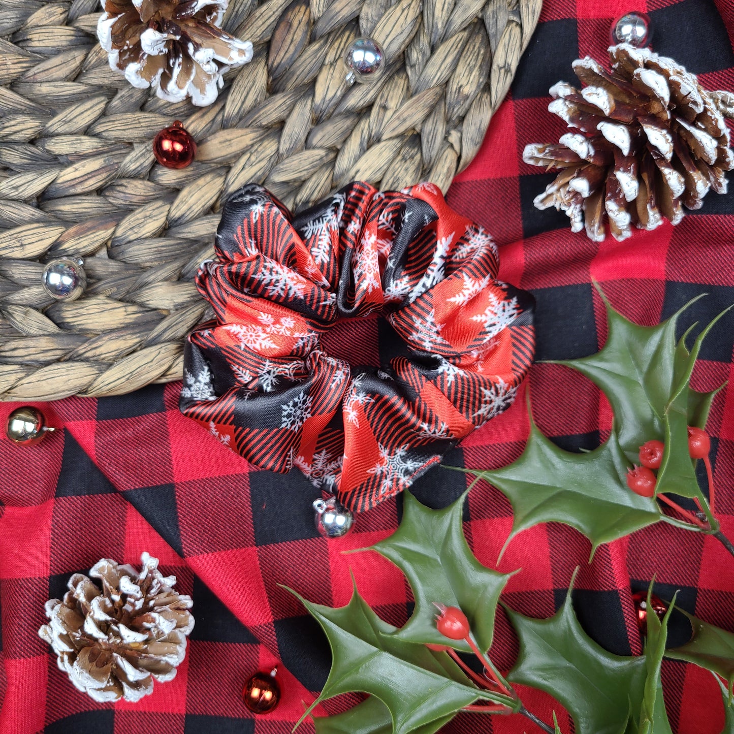 Snowflake Buffalo Plaid Satin Scrunchie