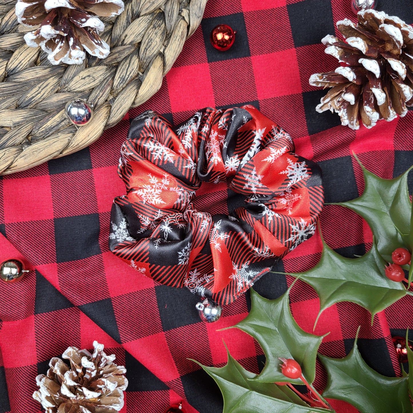 Snowflake Buffalo Plaid Satin Scrunchie