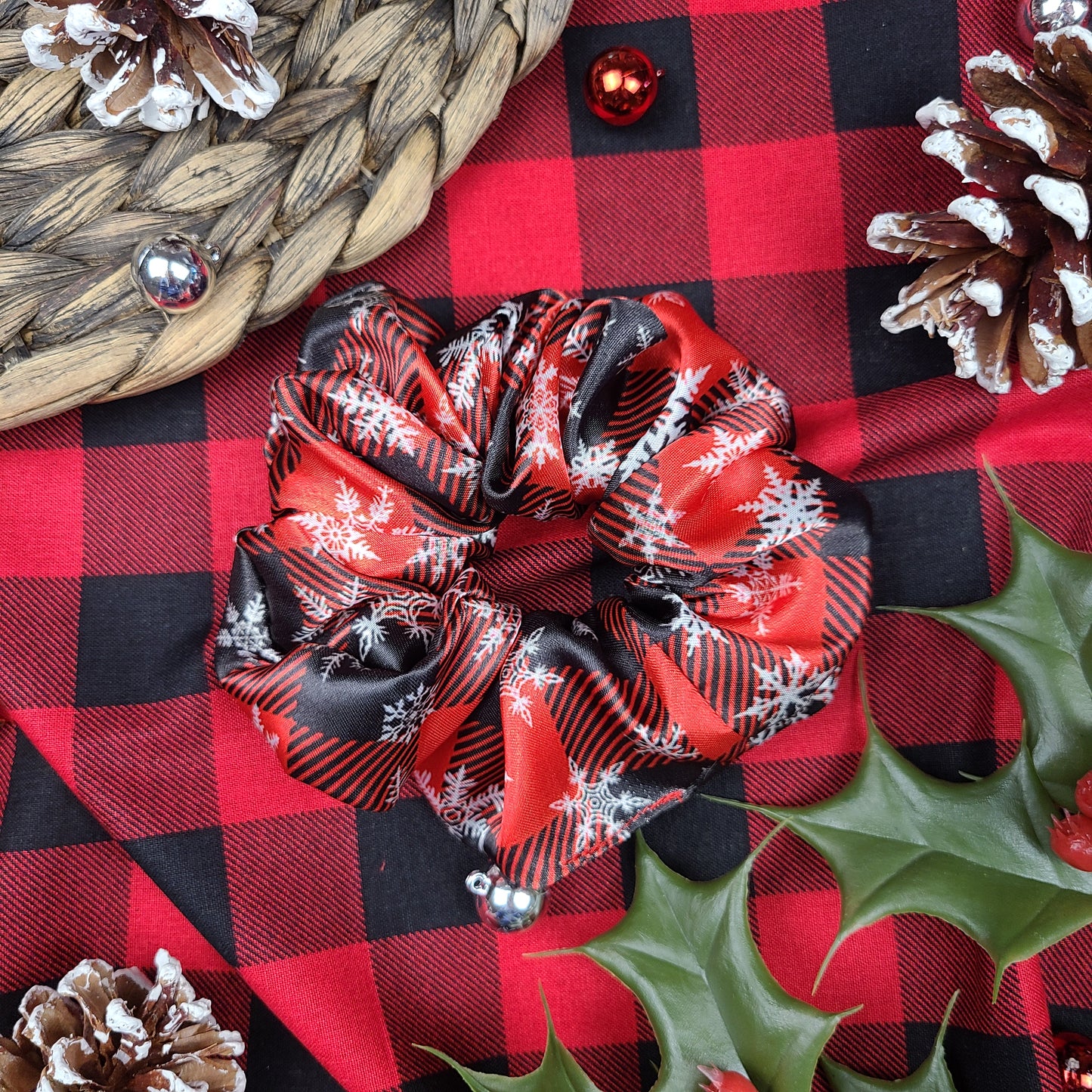 Snowflake Buffalo Plaid Satin Scrunchie