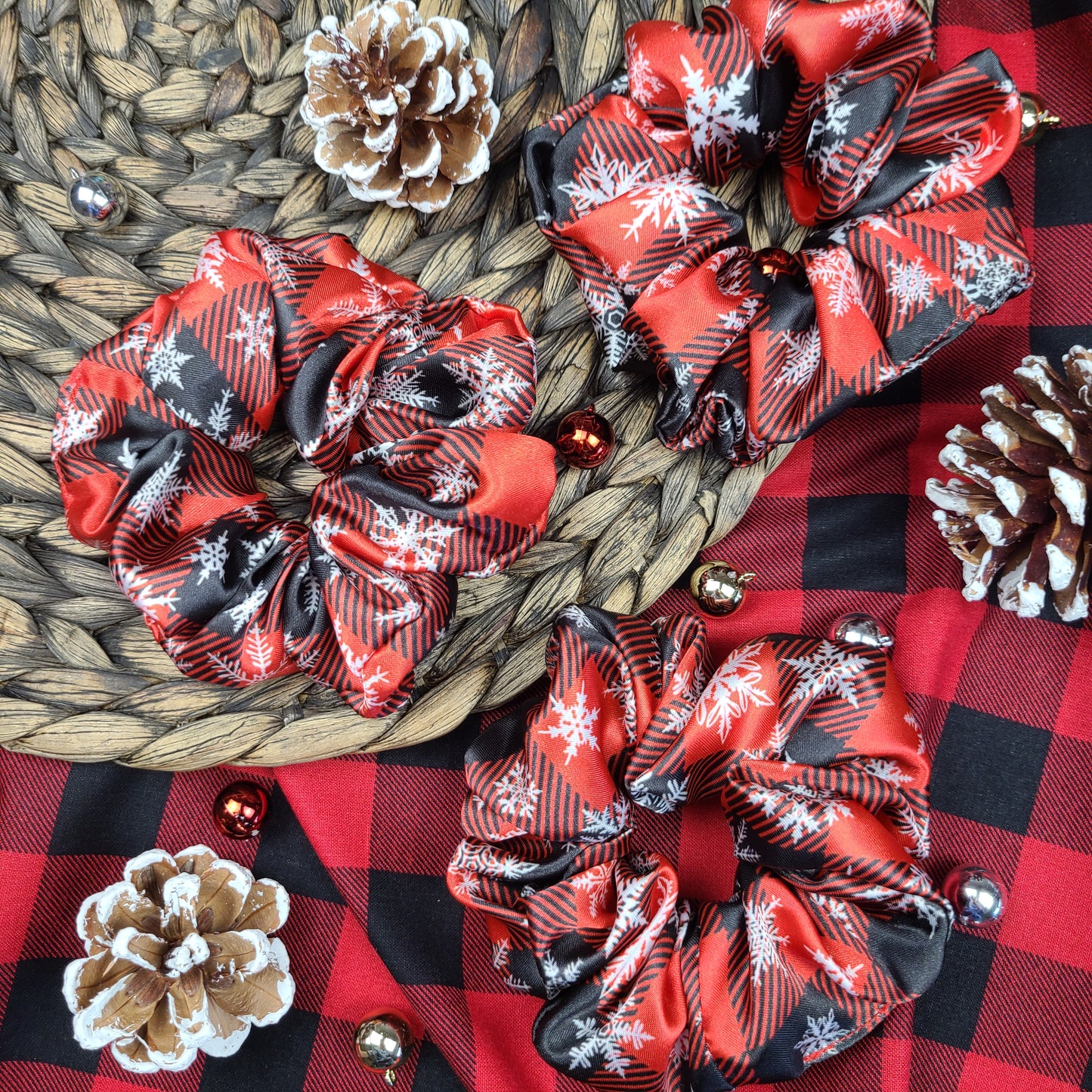 Snowflake Buffalo Plaid Satin Scrunchie