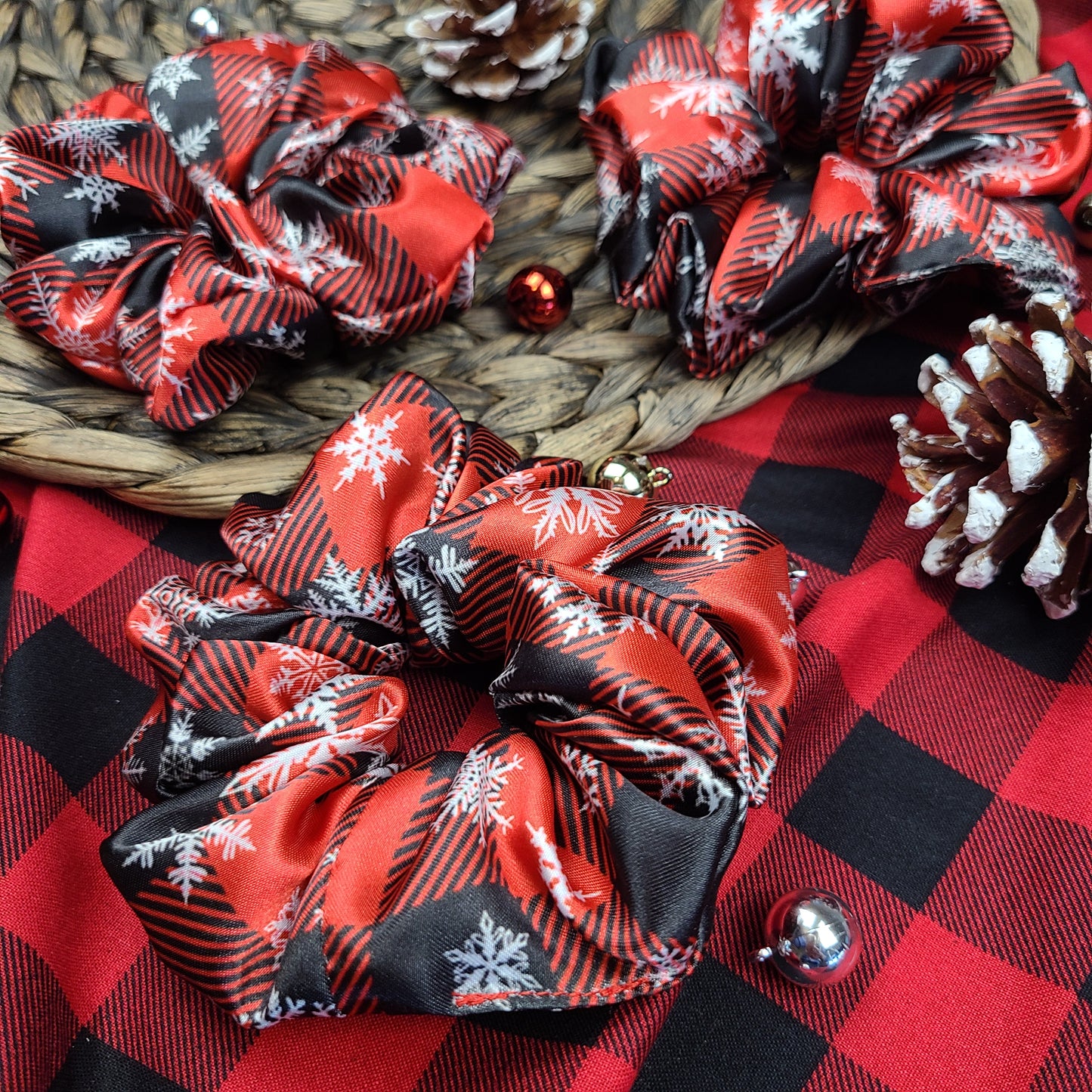 Snowflake Buffalo Plaid Satin Scrunchie