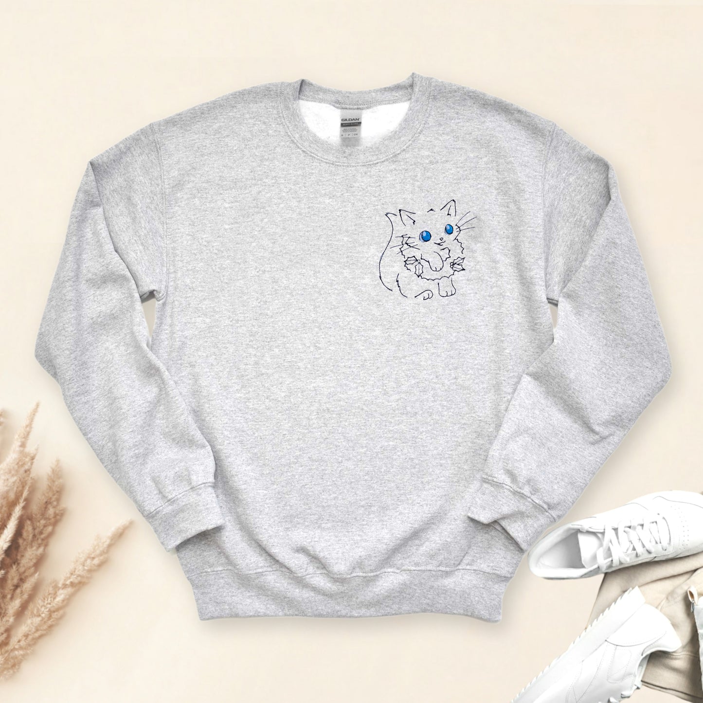 Christmas Wreath Cat Embroidered Adult Unisex Crewneck Sweatshirt