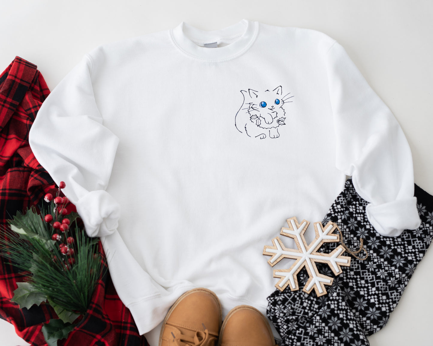 Christmas Wreath Cat Embroidered Adult Unisex Crewneck Sweatshirt