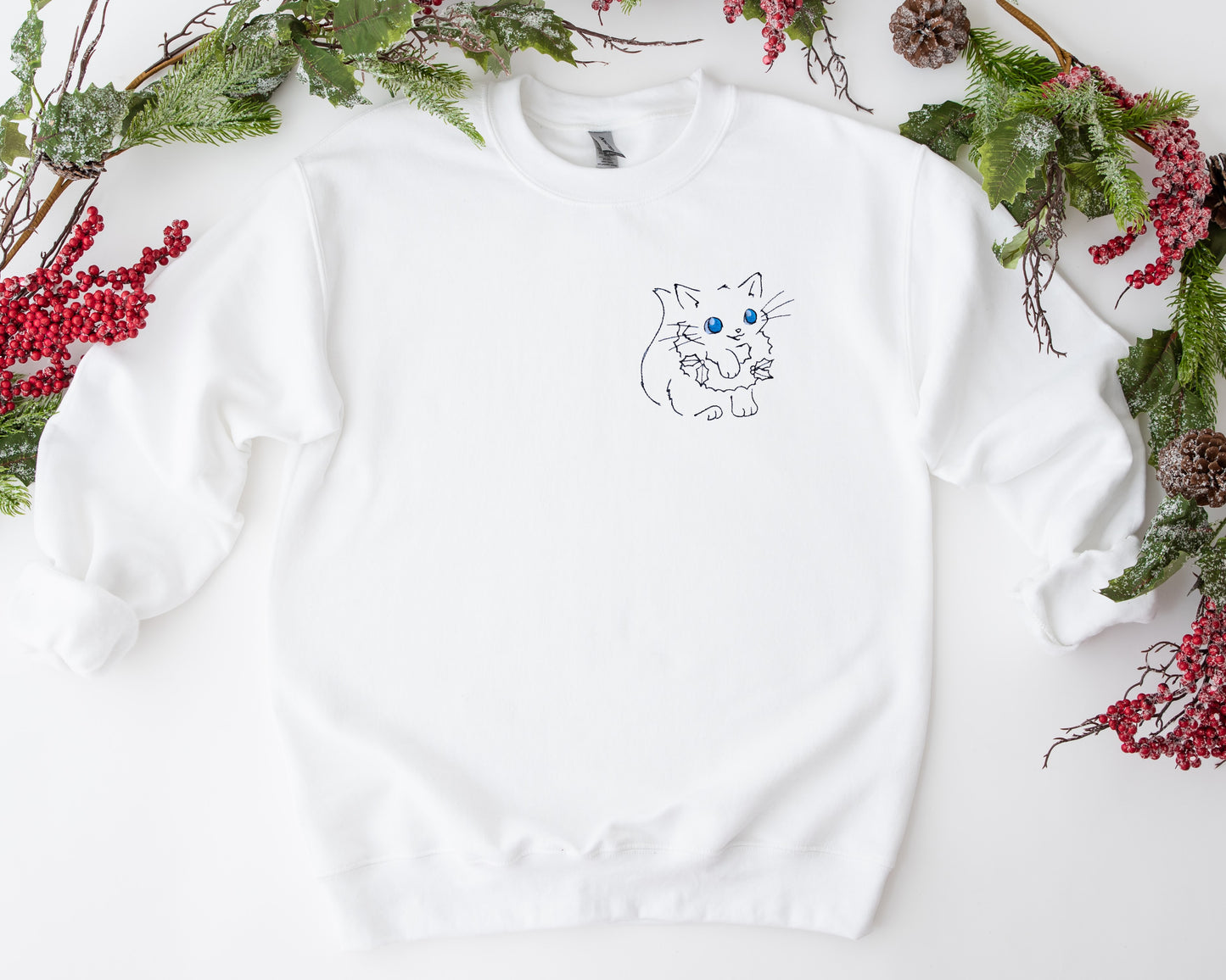 Christmas Wreath Cat Embroidered Adult Unisex Crewneck Sweatshirt