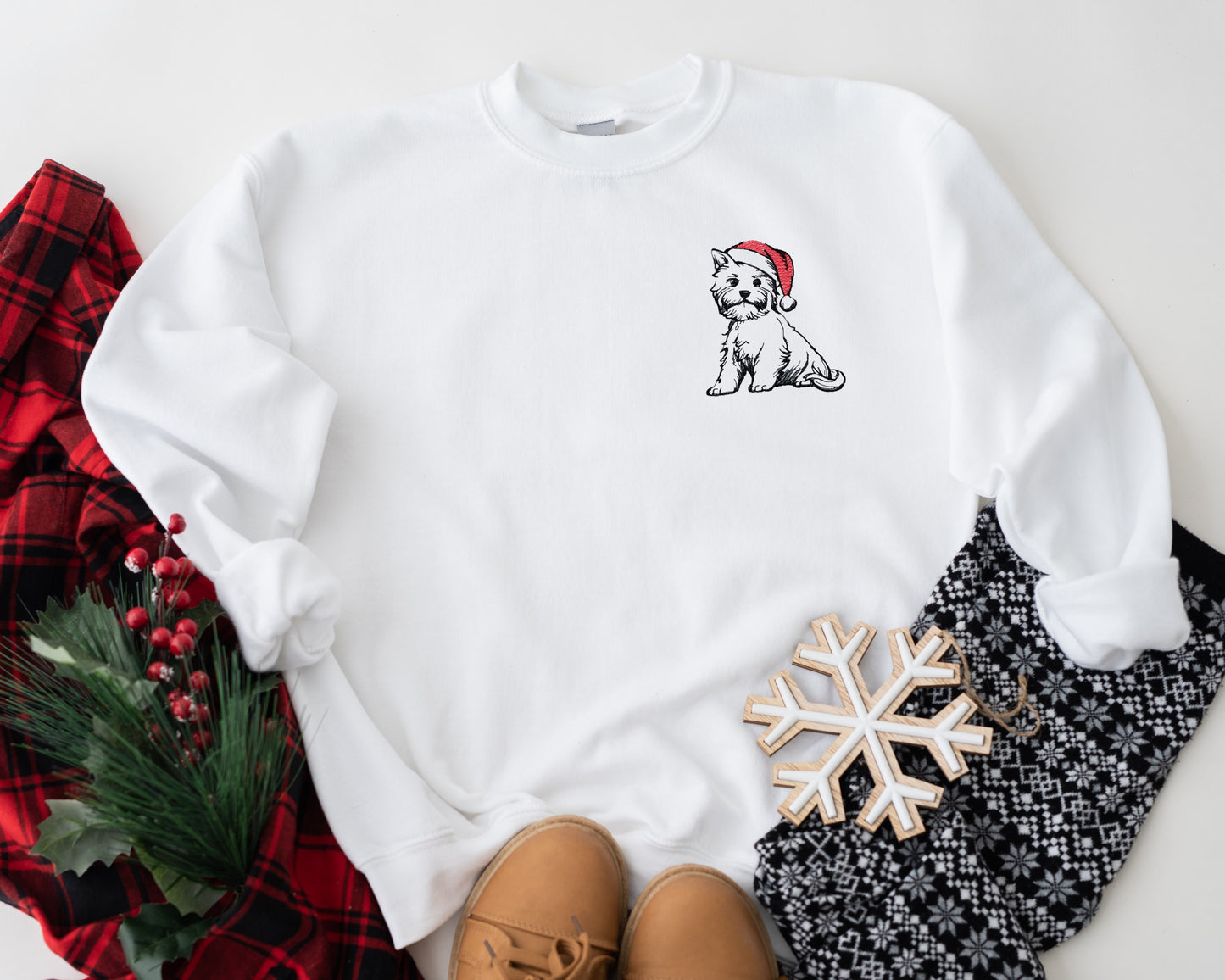 Santa Hat Puppy Embroidered Adult Unisex Crewneck Sweatshirt