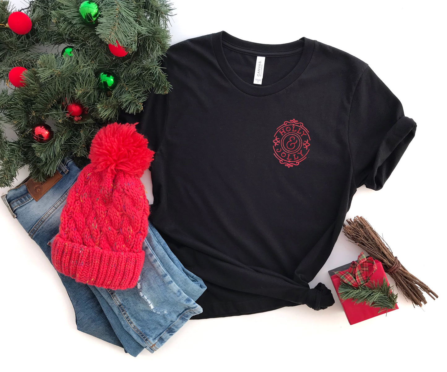 Holly & Jolly Embroidered Adult Unisex Shirt | Minimalist Christmas Shirt | Vintage Christmas Tee