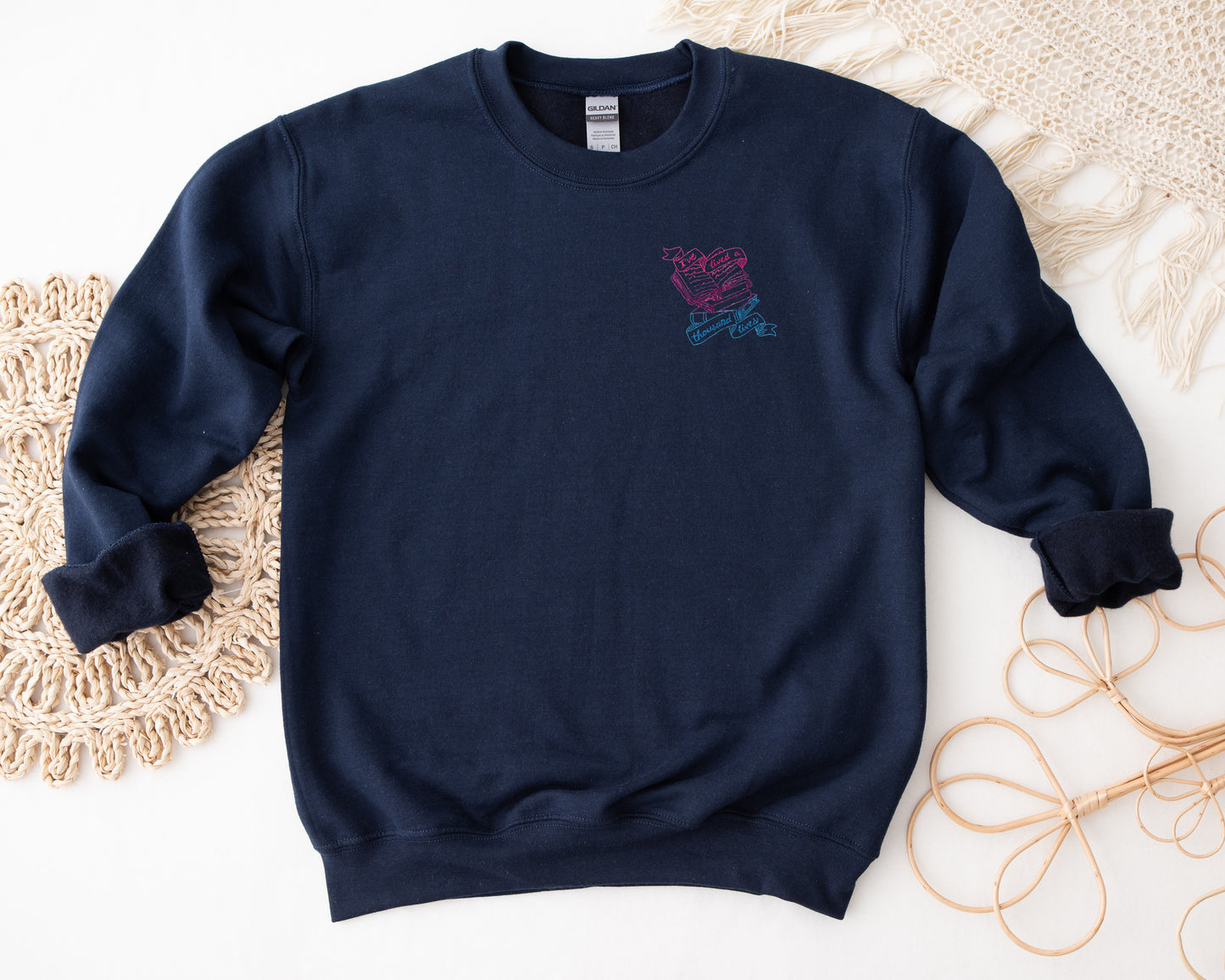 Embroidered Lived 1000 Lives Unisex Crewneck Sweatshirt