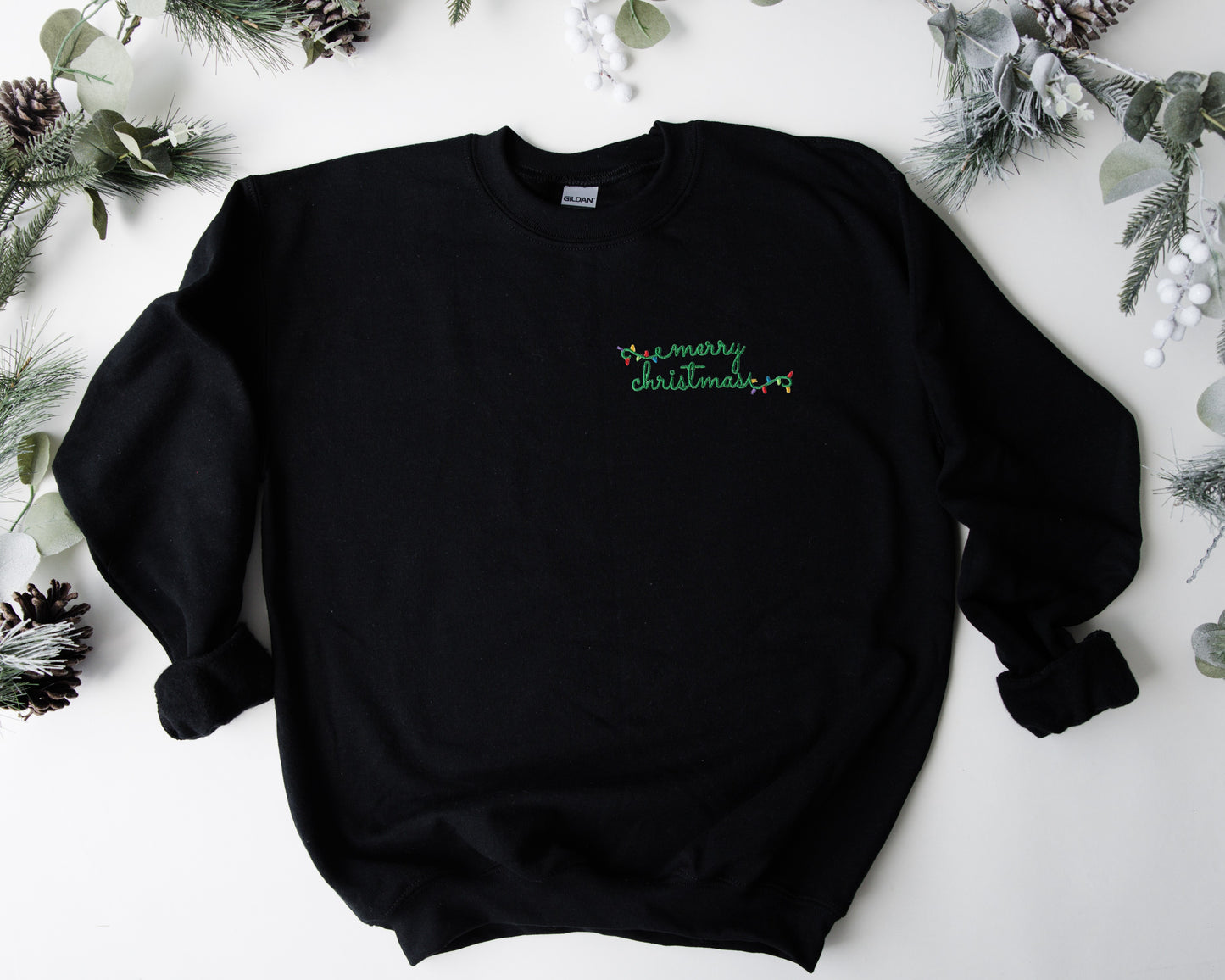 Merry Christmas String Lights Embroidered Adult Unisex Crewneck Sweatshirt