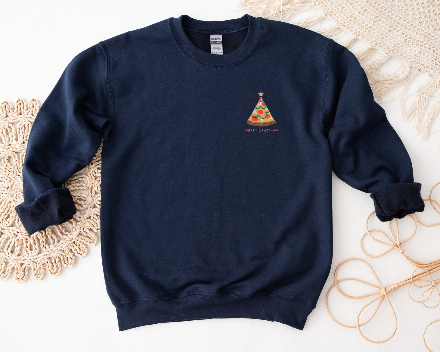 Merry Crustmas Pizza Tree Embroidered Adult Unisex Crewneck Sweatshirt