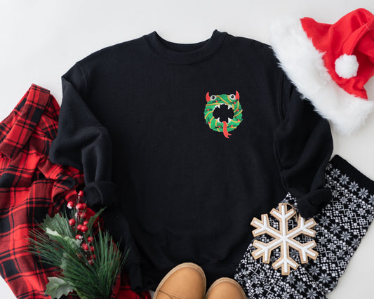 Monster Christmas Wreath Embroidered Adult Unisex Crewneck Sweatshirt