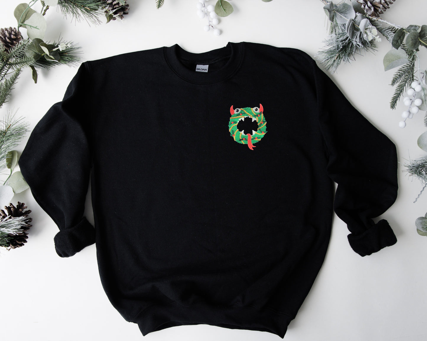 Monster Christmas Wreath Embroidered Adult Unisex Crewneck Sweatshirt