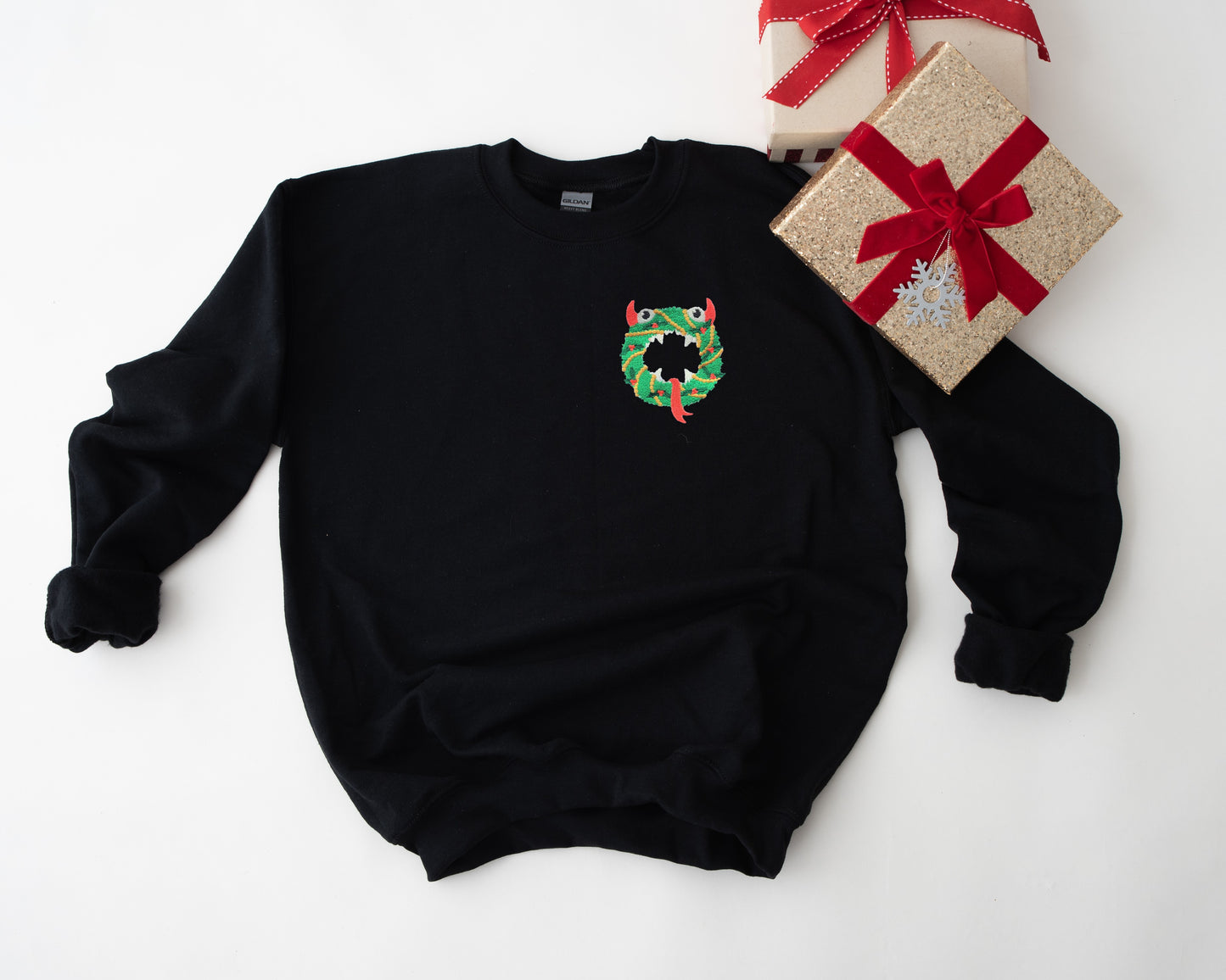Monster Christmas Wreath Embroidered Adult Unisex Crewneck Sweatshirt