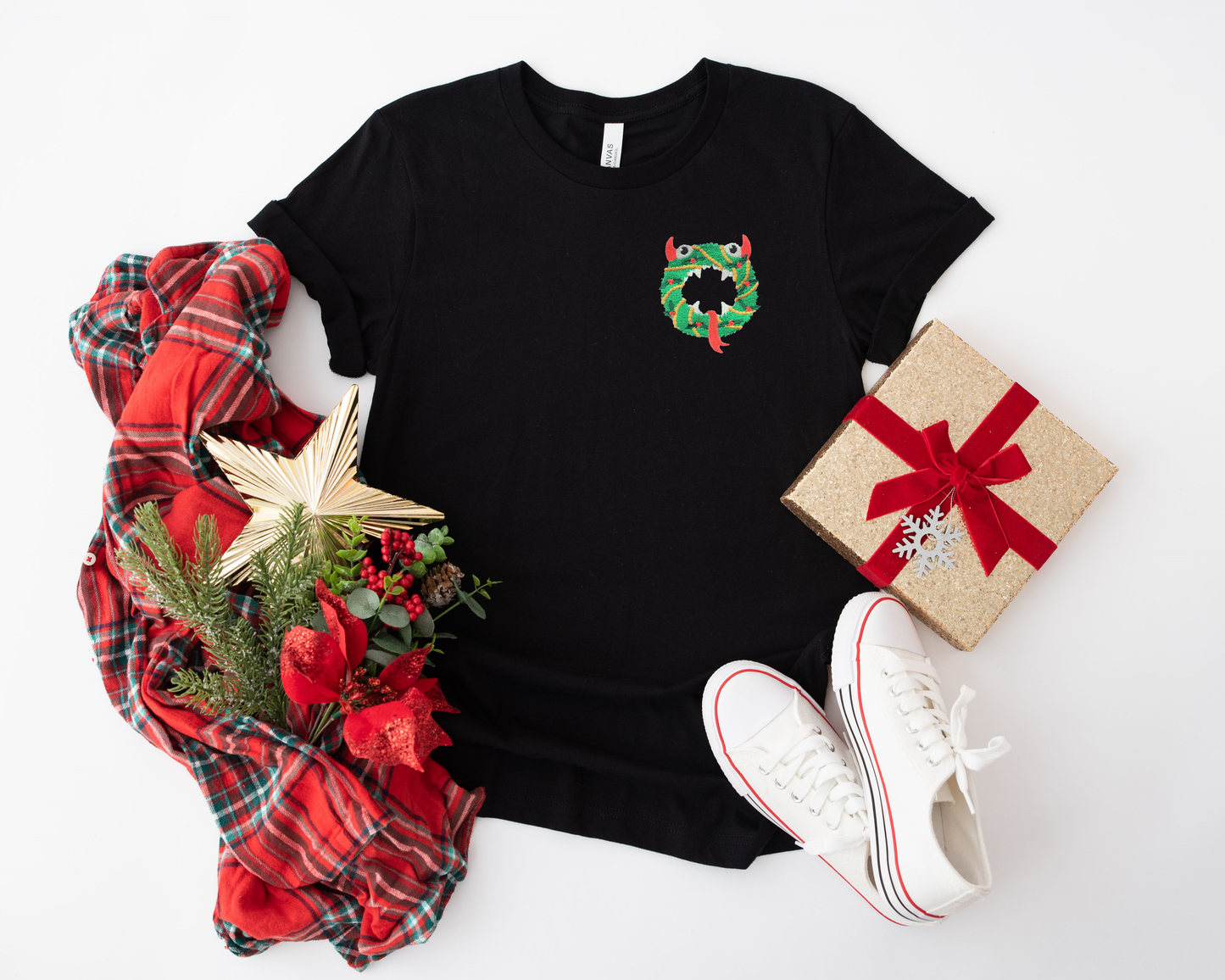 Monster Christmas Wreath Embroidered Adult Unisex Shirt