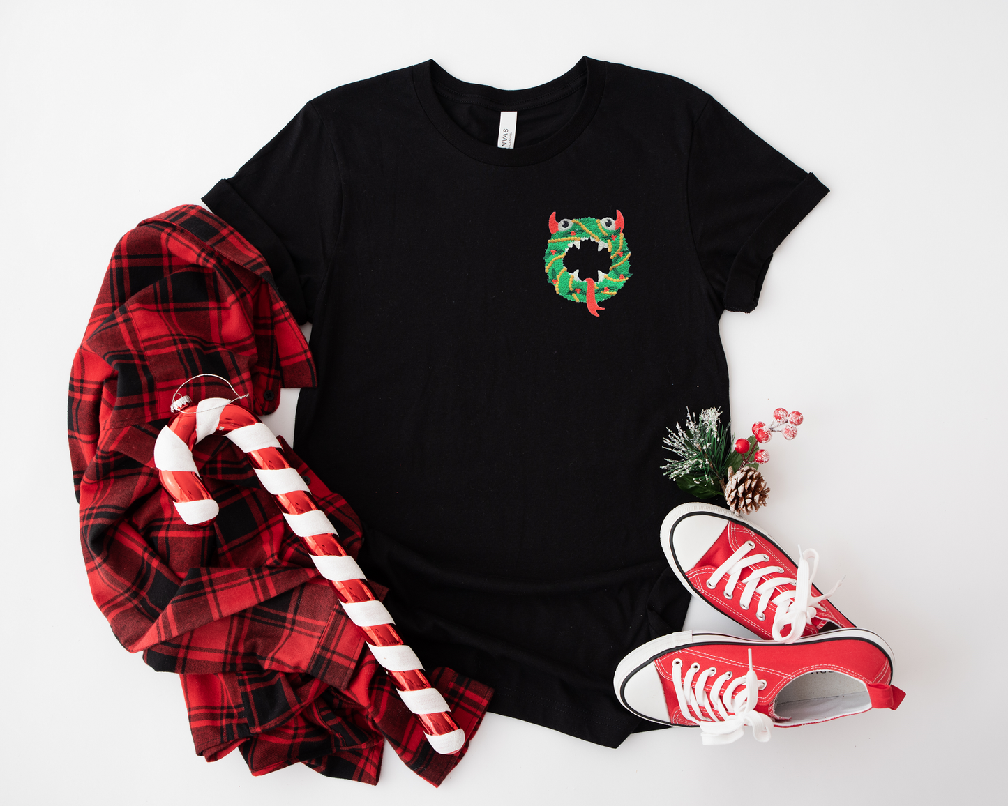Monster Christmas Wreath Embroidered Adult Unisex Shirt