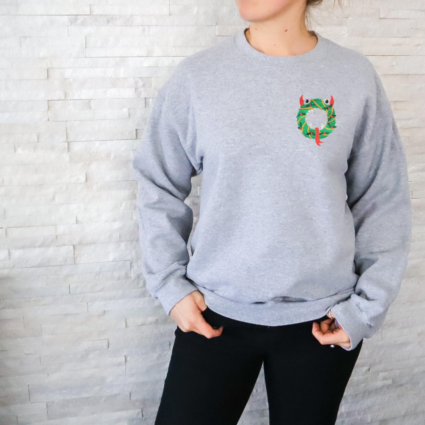 Monster Christmas Wreath Embroidered Adult Unisex Crewneck Sweatshirt