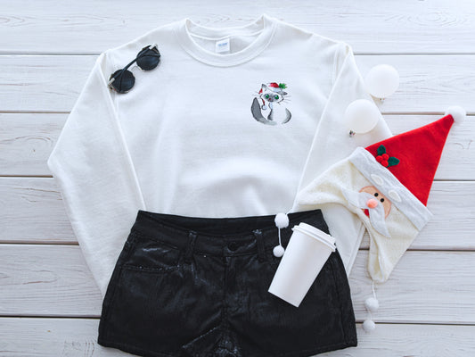 Santa Hat Cat Embroidered Adult Unisex Crewneck Sweater