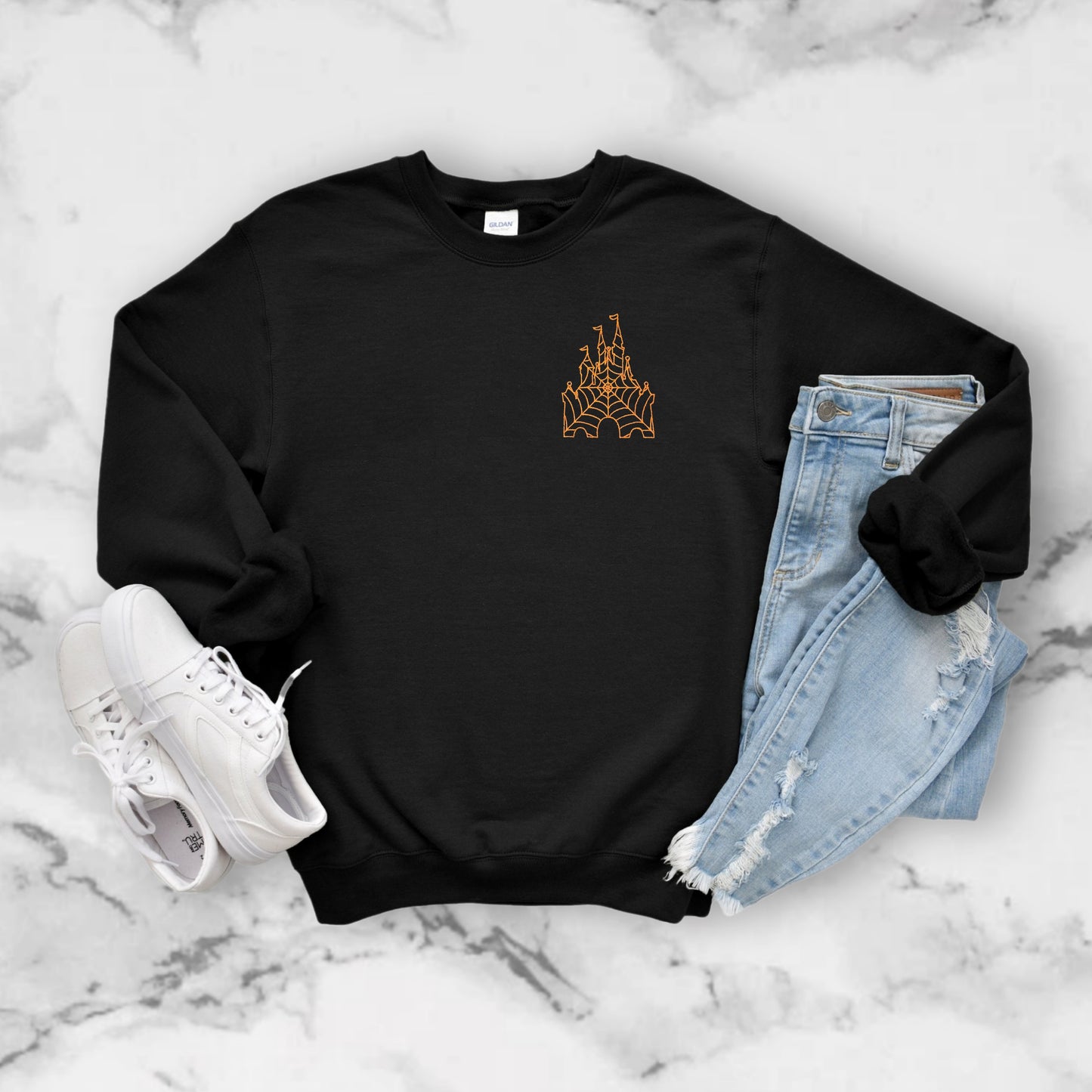 Spiderweb Disney Castle Embroidered Crewneck Sweatshirt