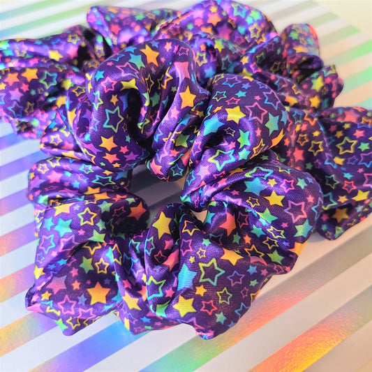 Rainbow Stars Purple Satin Scrunchie