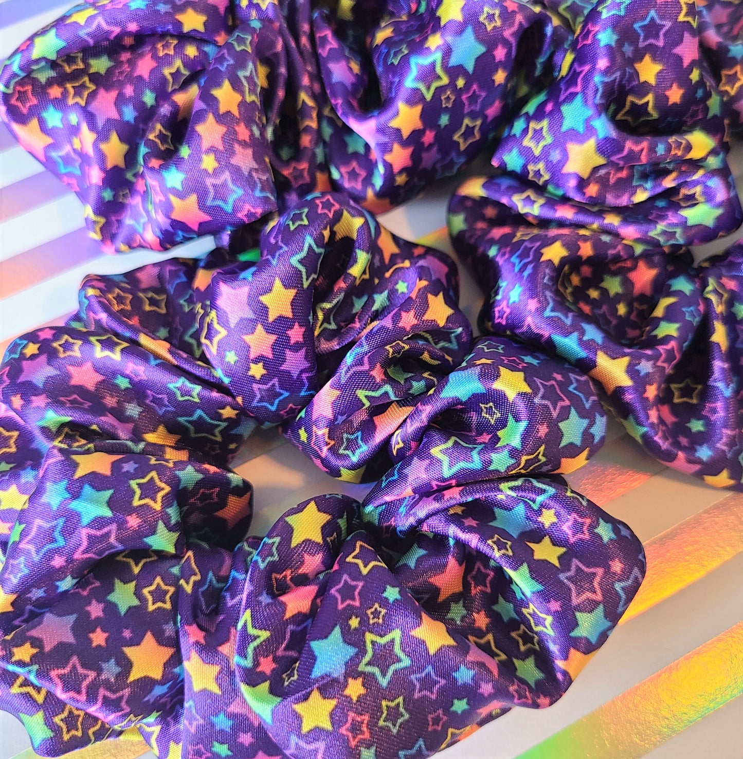 Rainbow Stars Purple Satin Scrunchie