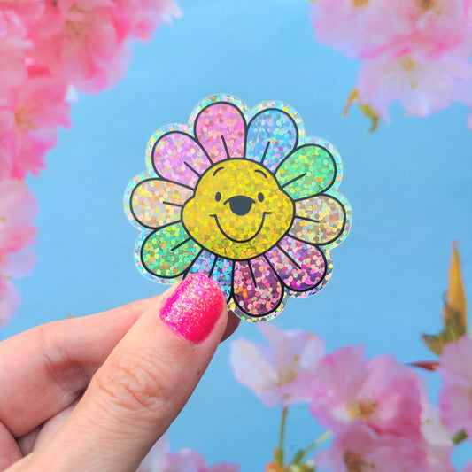 Glittery Pooh Flower Vinyl Sticker