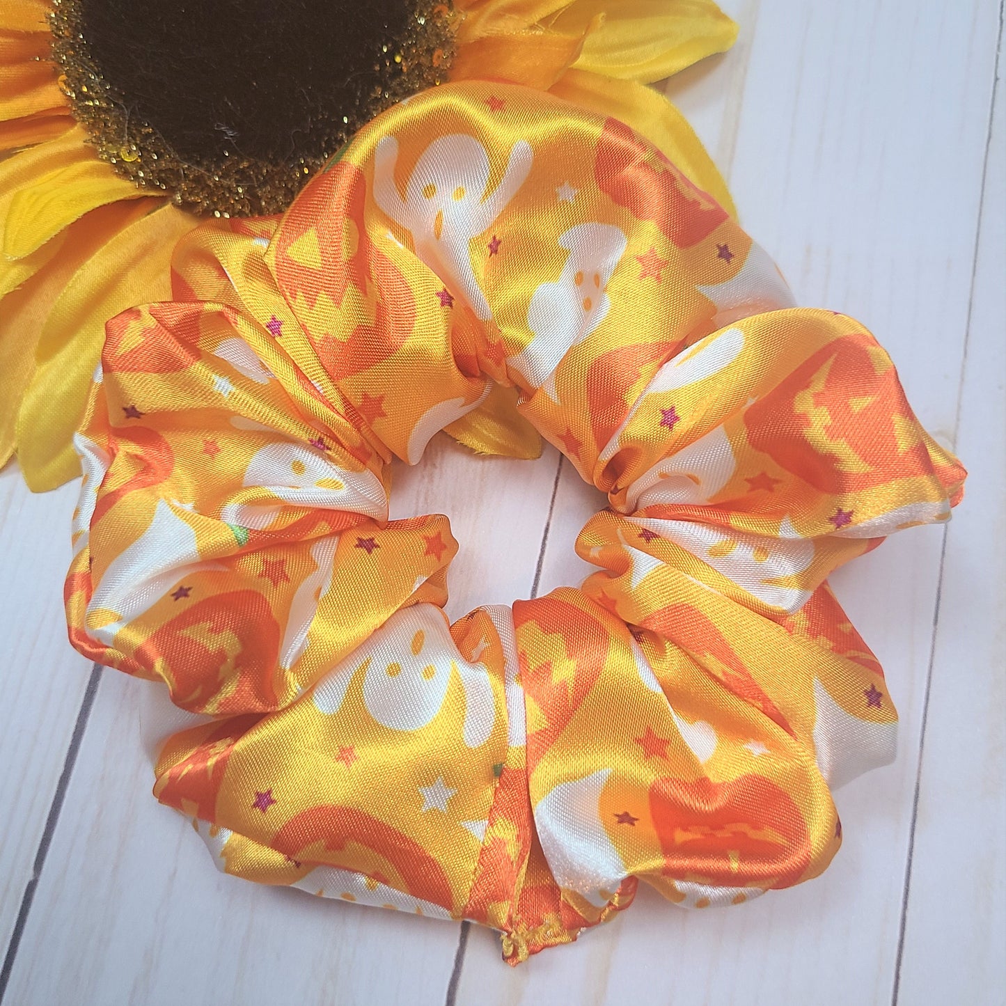 Ghosts and Pumpkins Satin Scrunchie